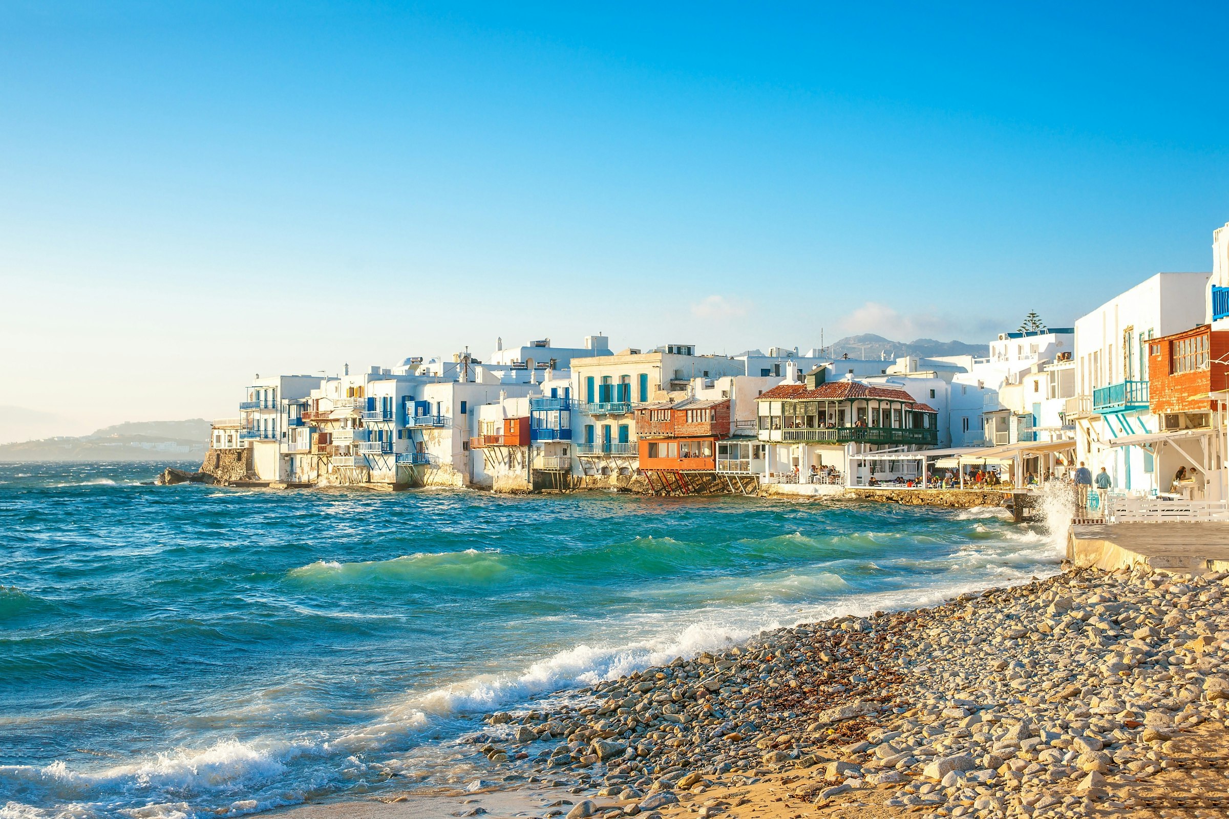 View of Mykonos Town’s Little Venice bay, Mykonos, Greece. 