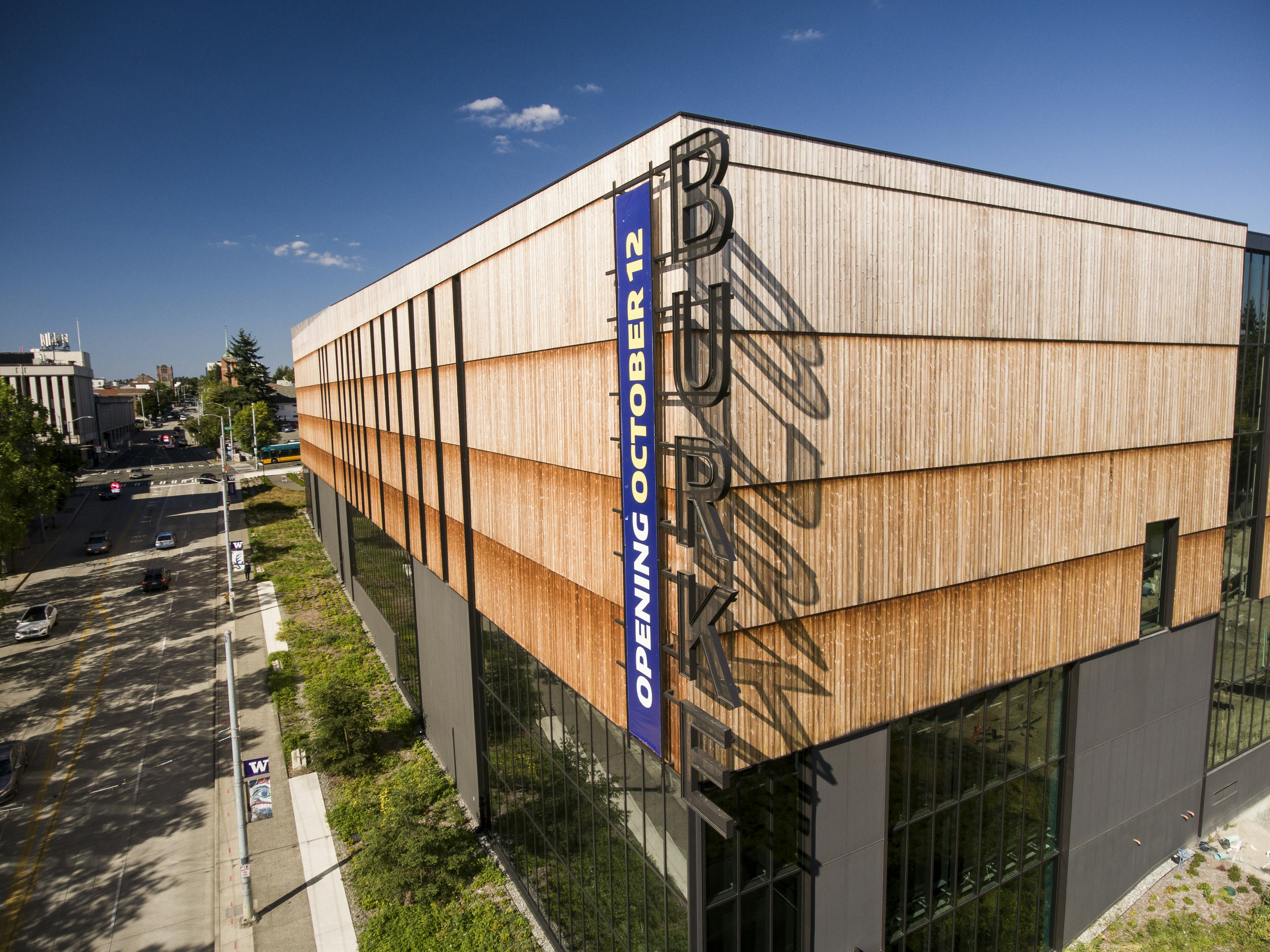 Aerial shot of the New Burke museum exterior featuring sustainable wood sliding features