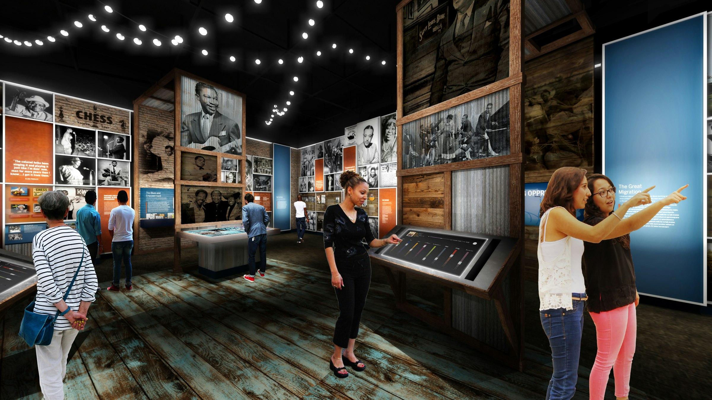 Rendering of an exhibit documenting blues music in America