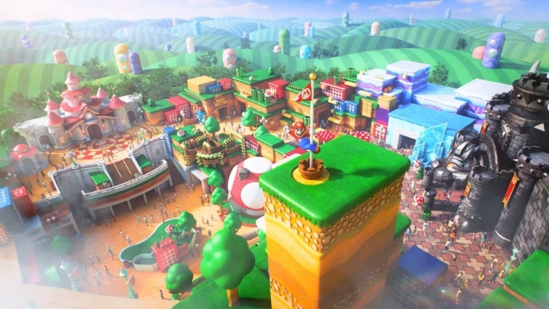 An artistic rendering of the Super Nintendo World theme park at Universal Studios in Japan; the brightly coloured scene has been made to look like footage from the iconic game.
