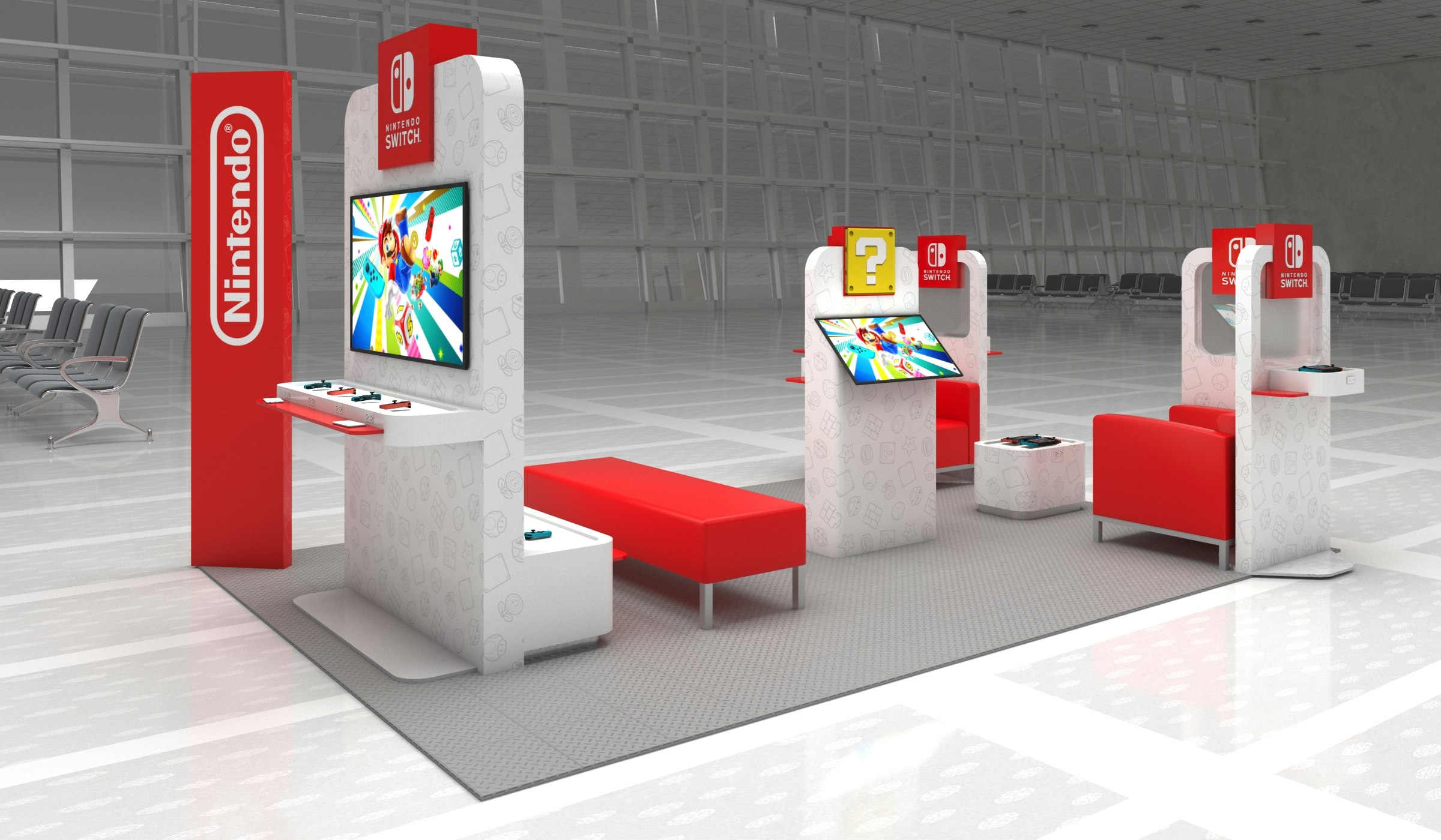 Nintendo's popup lounge at Dulles airport, featuring red chairs and Switches available to play