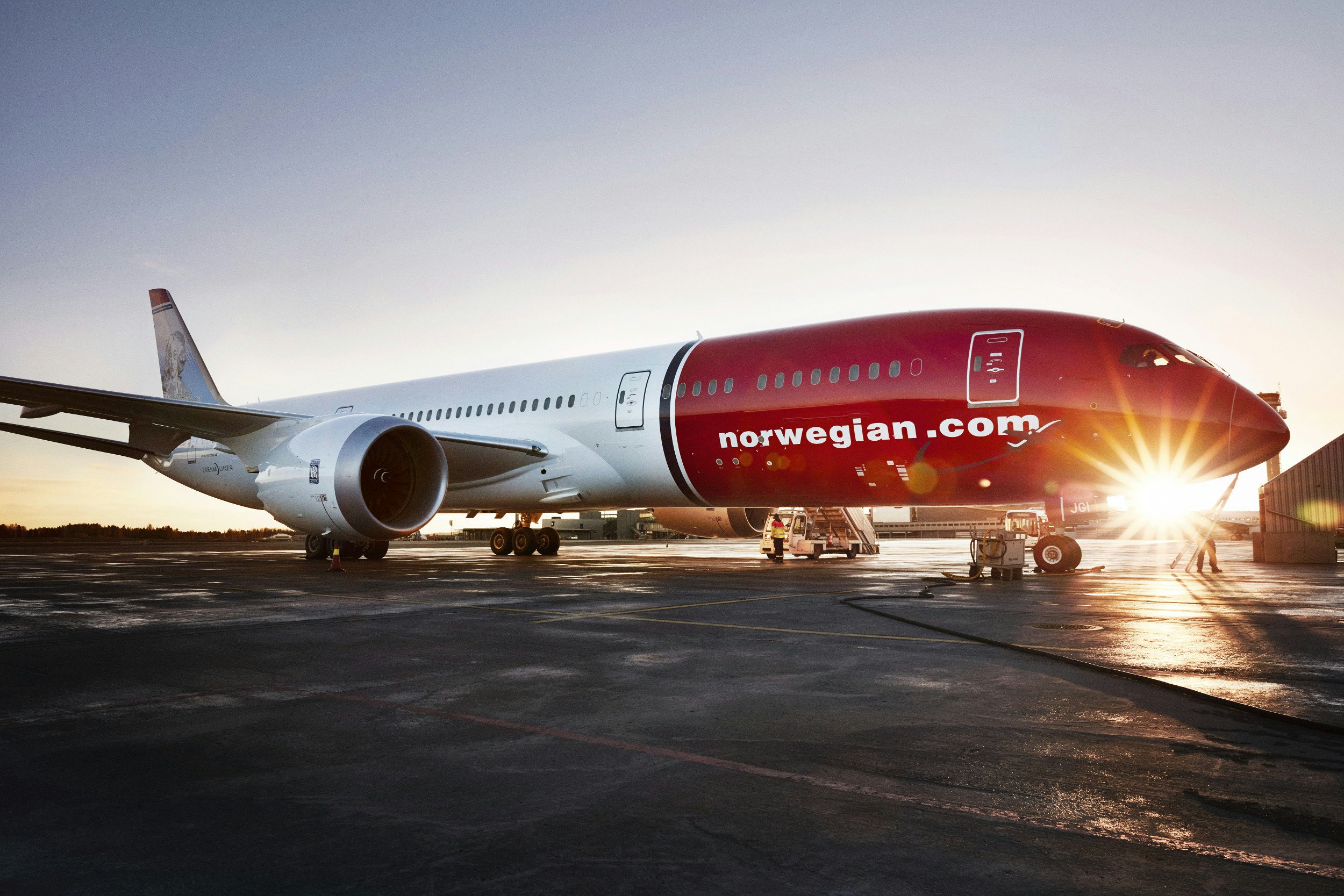 A Norwegian airline plane on the tarmac
