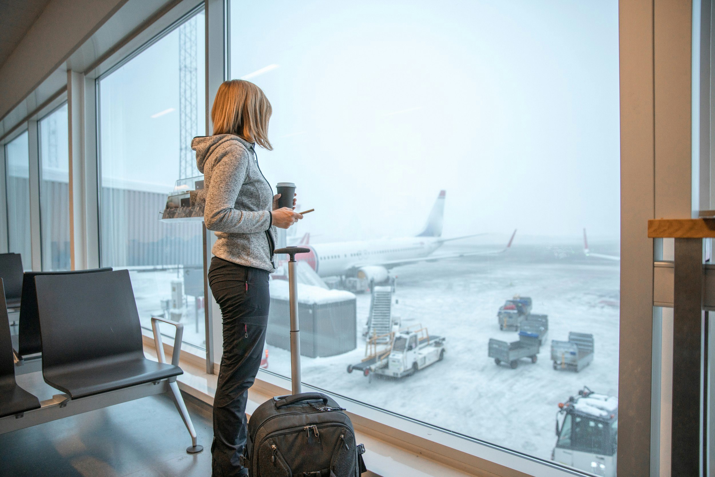 A woman with a suitcase looking out at a plane on the tarmac