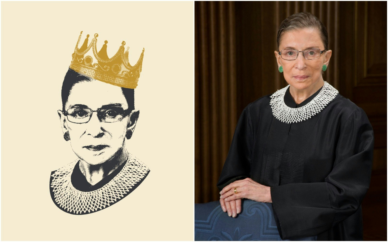 (l) graphic of Ruth Bader Ginsburg (r) official Supreme Court portrait of Ruth Bader Ginsburg