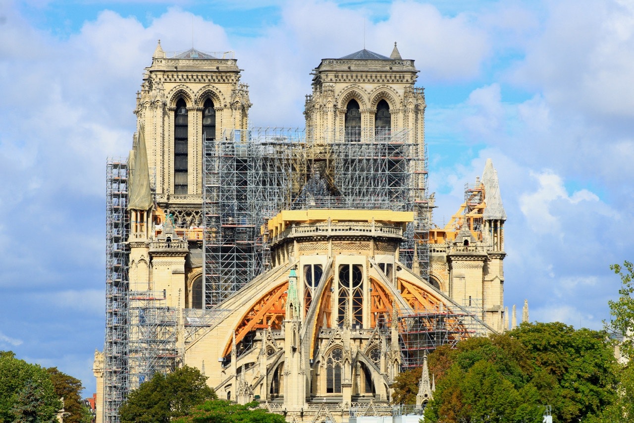 View of Notre-Dame Cathedral as of 1 September 2019, with scaffolding for reconstruction and a temporary frame to support the buttressing arches after the fire.