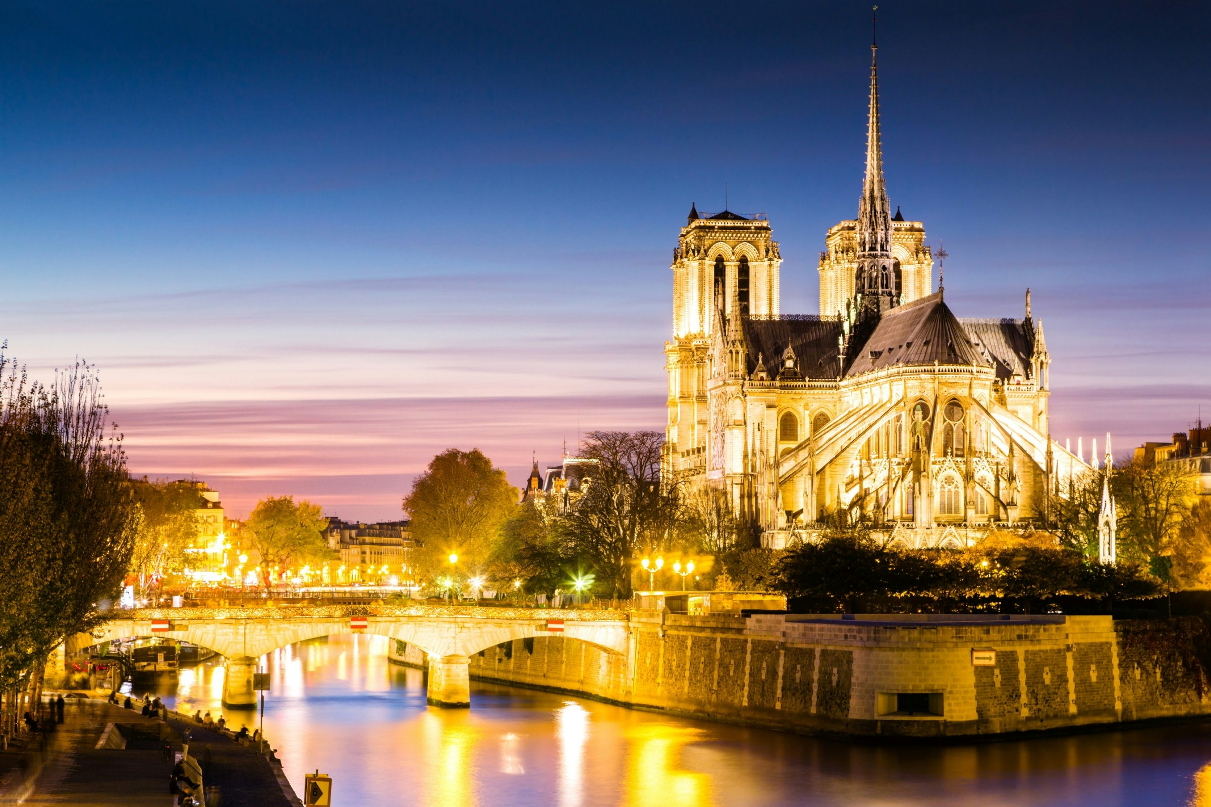 Notre Dame cathedral lit up at dusk