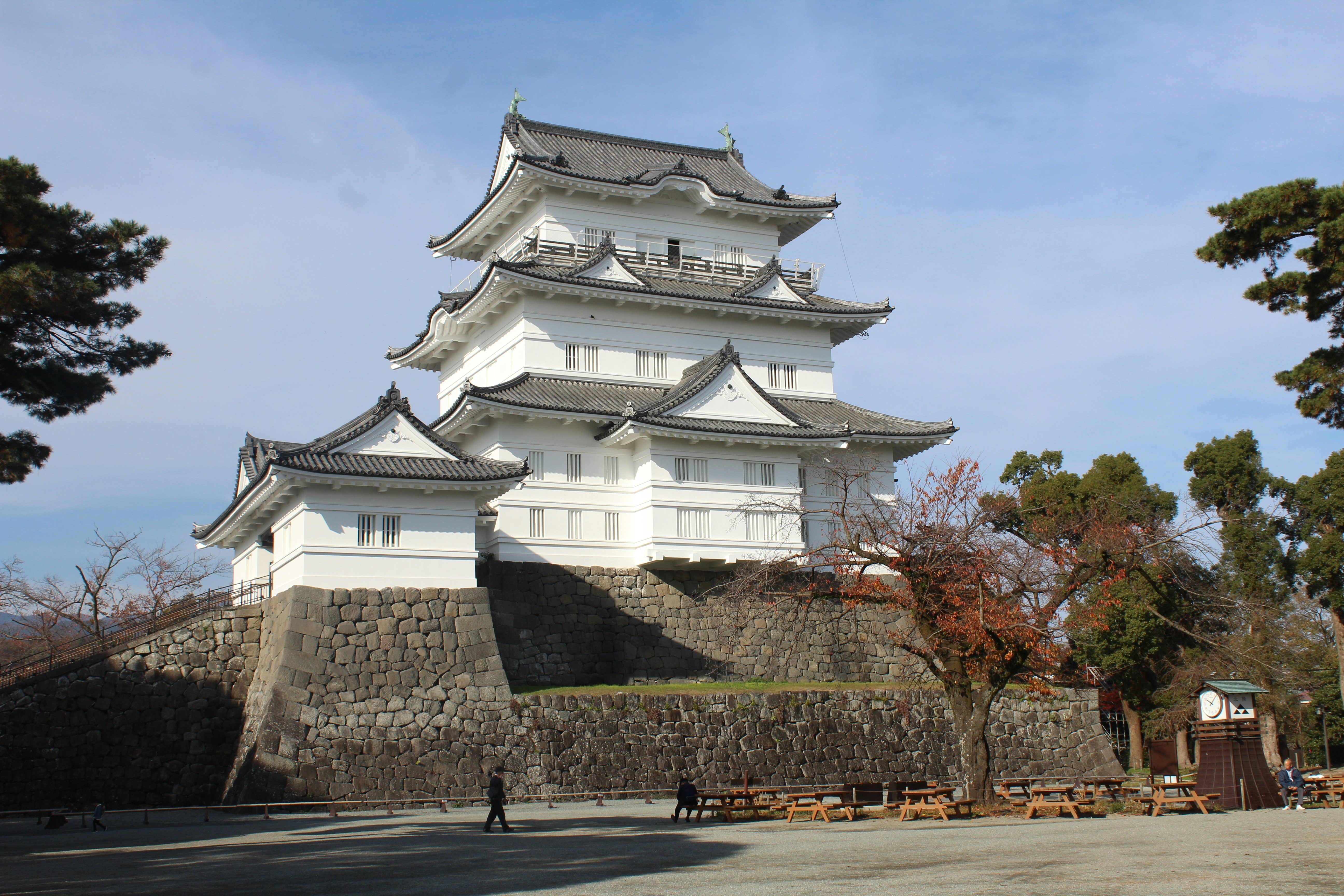 The white Odawara Castle looms in front of a clear blue sky