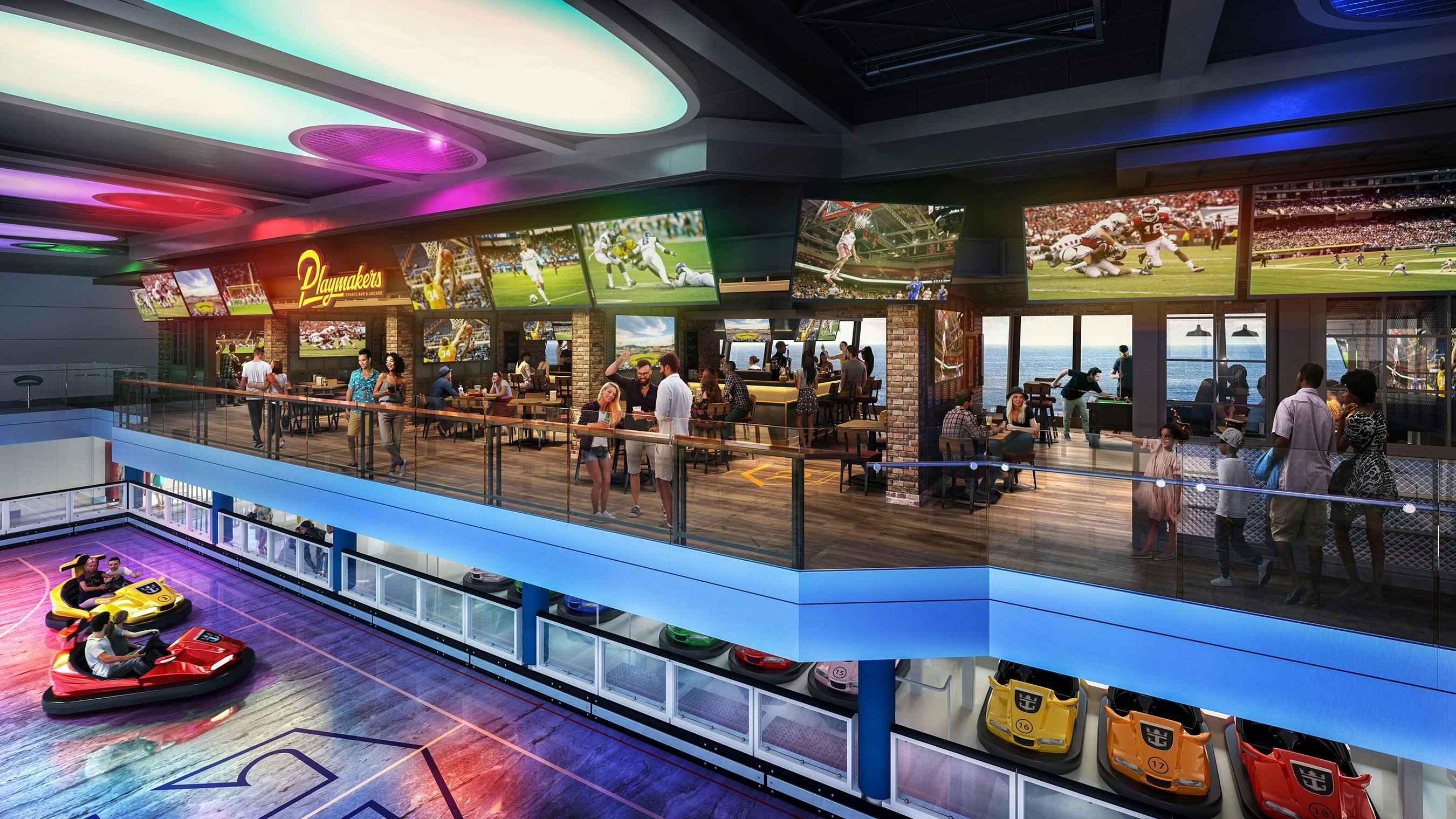 The Seaplex deck on the Odyssey of the Seas cruise ship, with bumper cars and screens showing various sports.