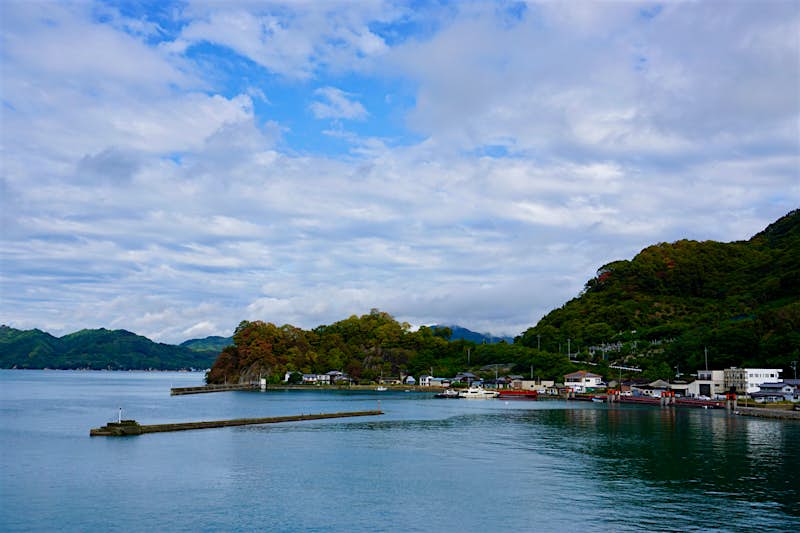 Osakishimojima.jpeg The island of Osakishimojima is covered thickly in green trees, some of which are just starting to turn over to autumnal colors. The vegetation reaches all the way down to the blue waters of the Seto Inland Sea except where there are small white buildings and boats, and red pylons along the coast.
