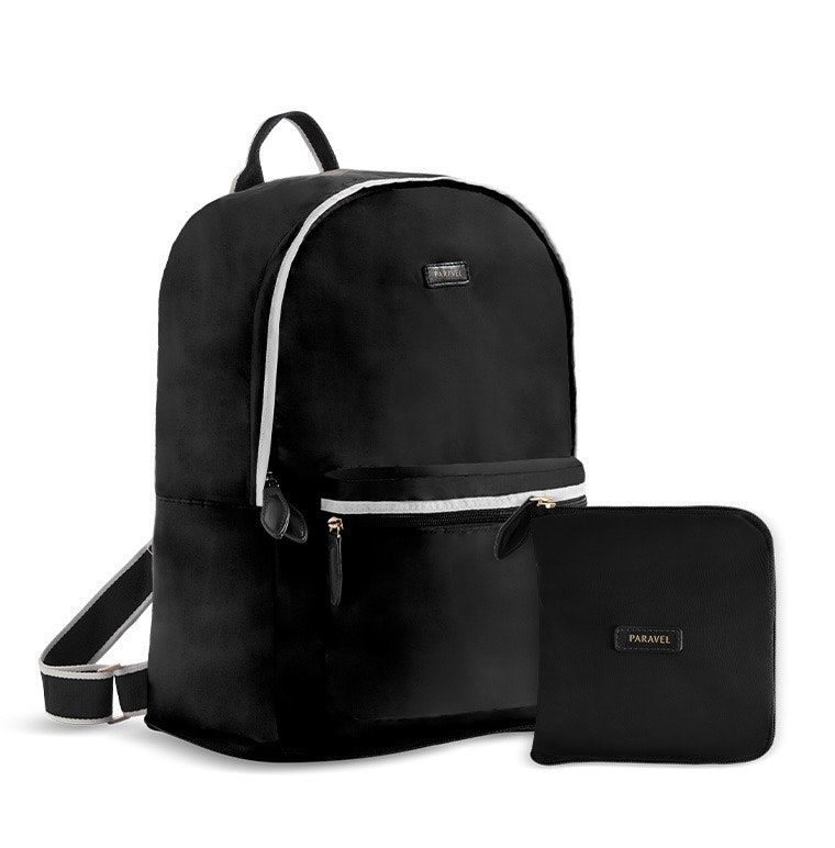 Black Fold-Up backpack from Paravel, expanded and in its pouch
