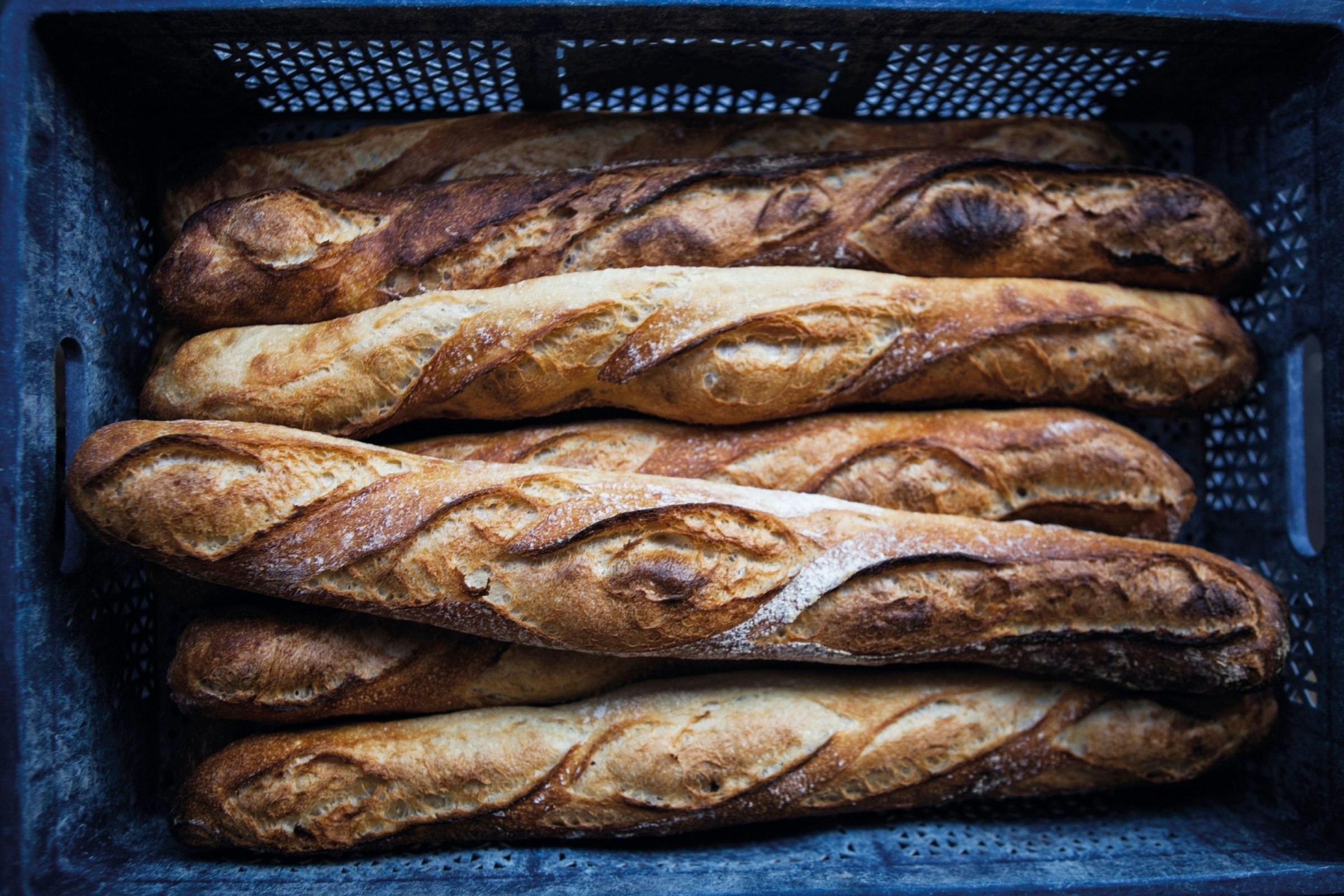 a crate of baguettes from Paris