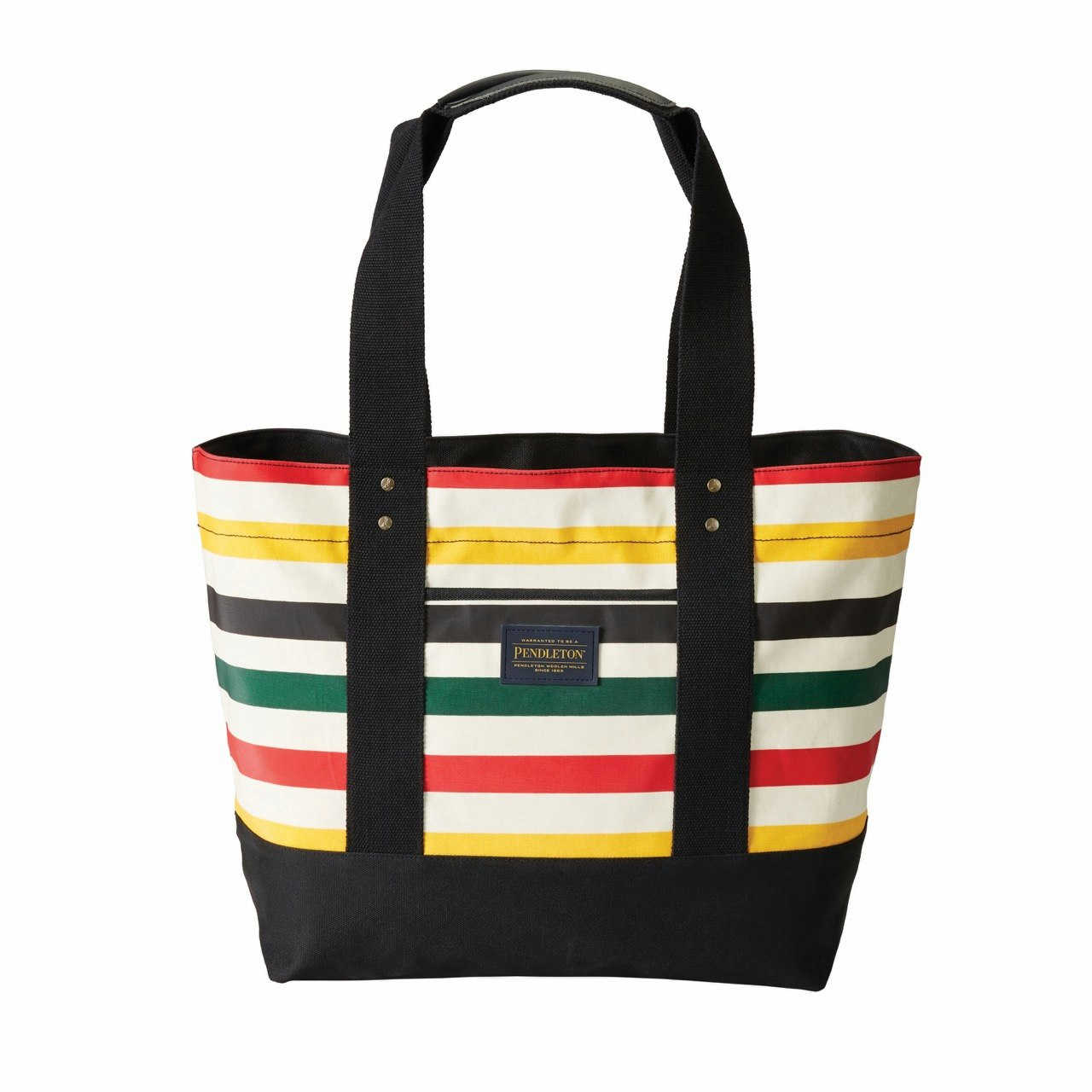 Pendleton's Glacier Canopy canvas tote with red, green, white, and yellow stripes, black handles, and black bottom