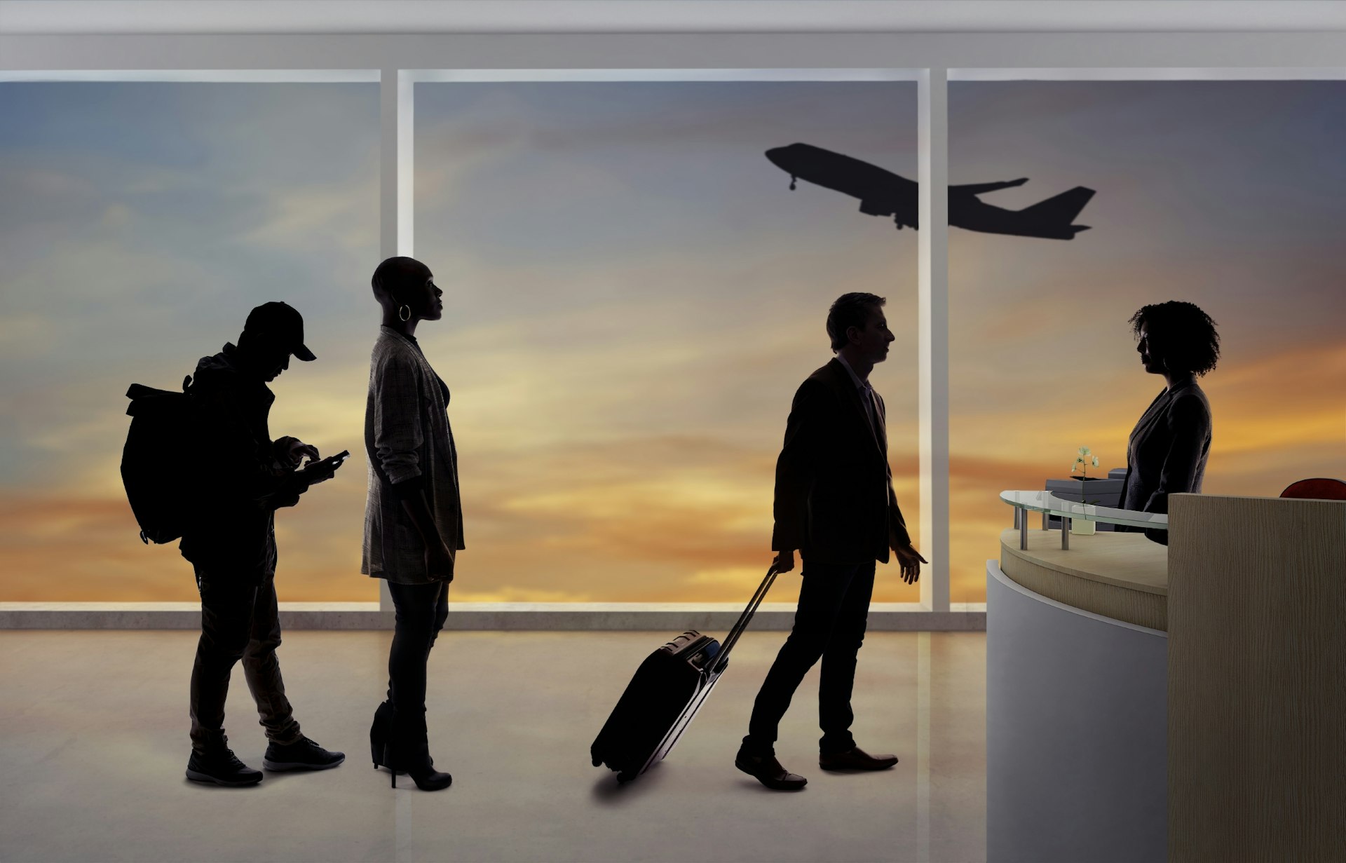 Illustration of silhouettes of passengers waiting in line at an airport check-in counter. 