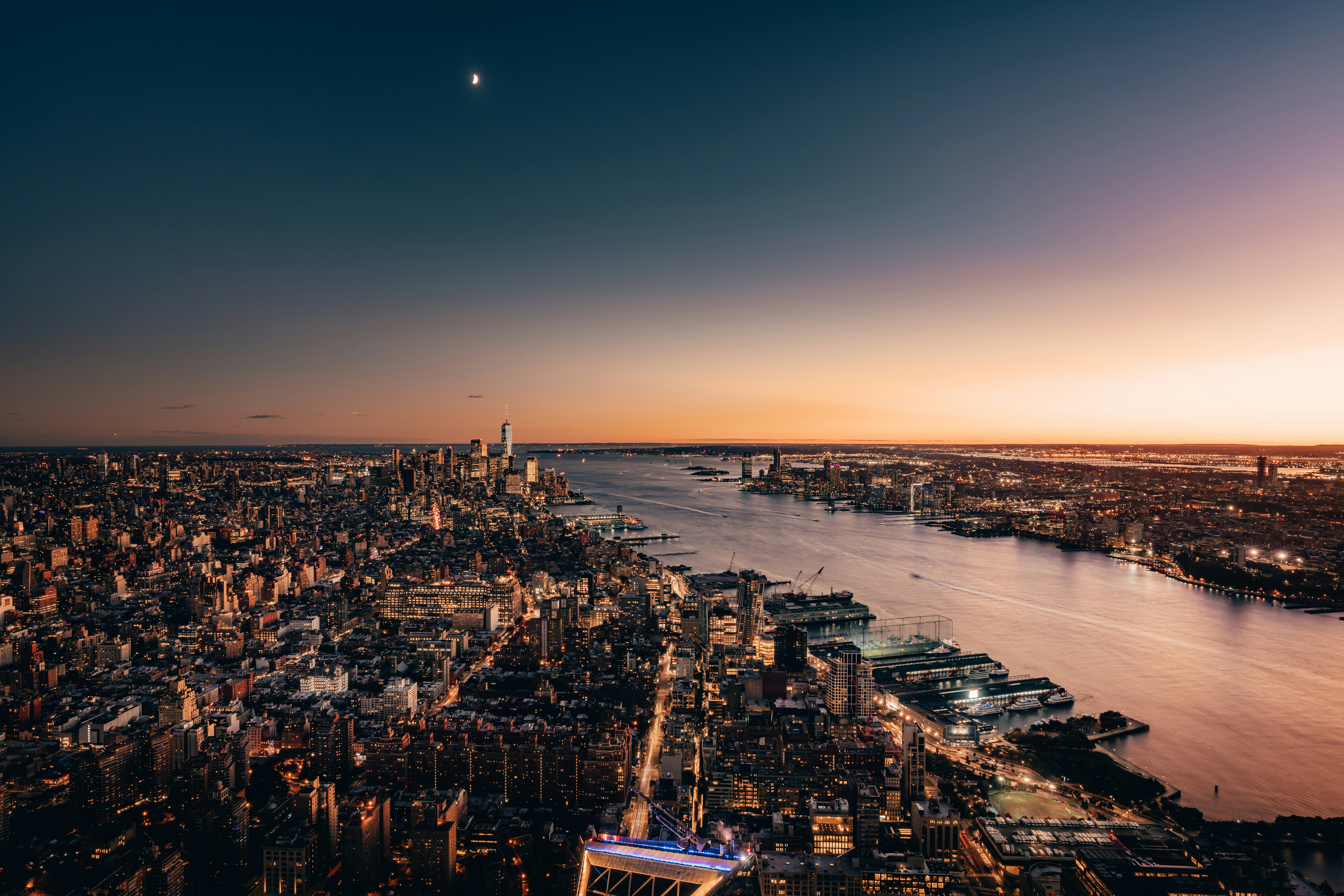 View over NYC skyline at sunset