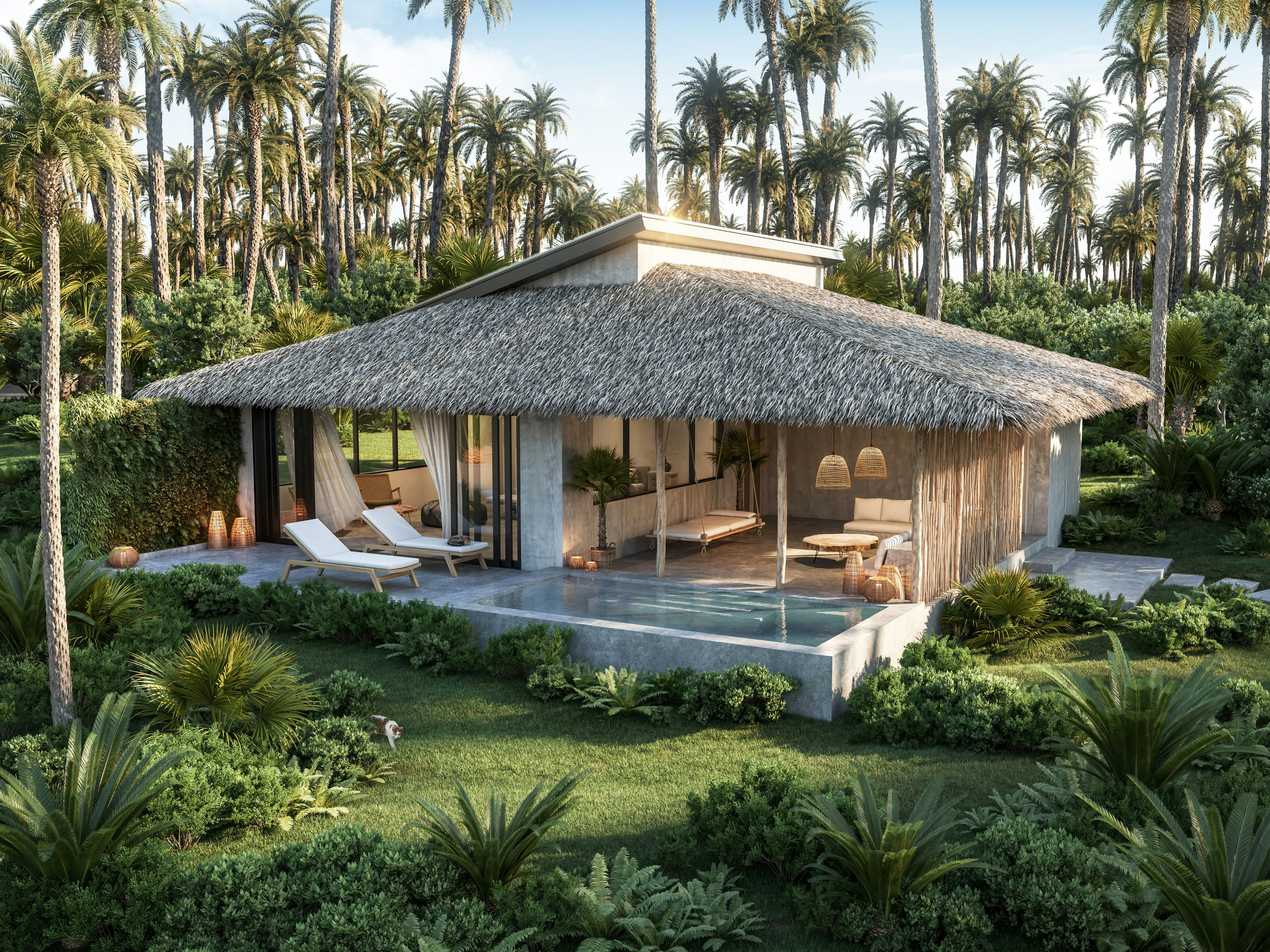 Artist rendering of a spacious hotel room with a thatched roof large open windows and a small pool towards the front of the room. The room is surrounded by palm trees and a manicured lawn dotted with small plants.