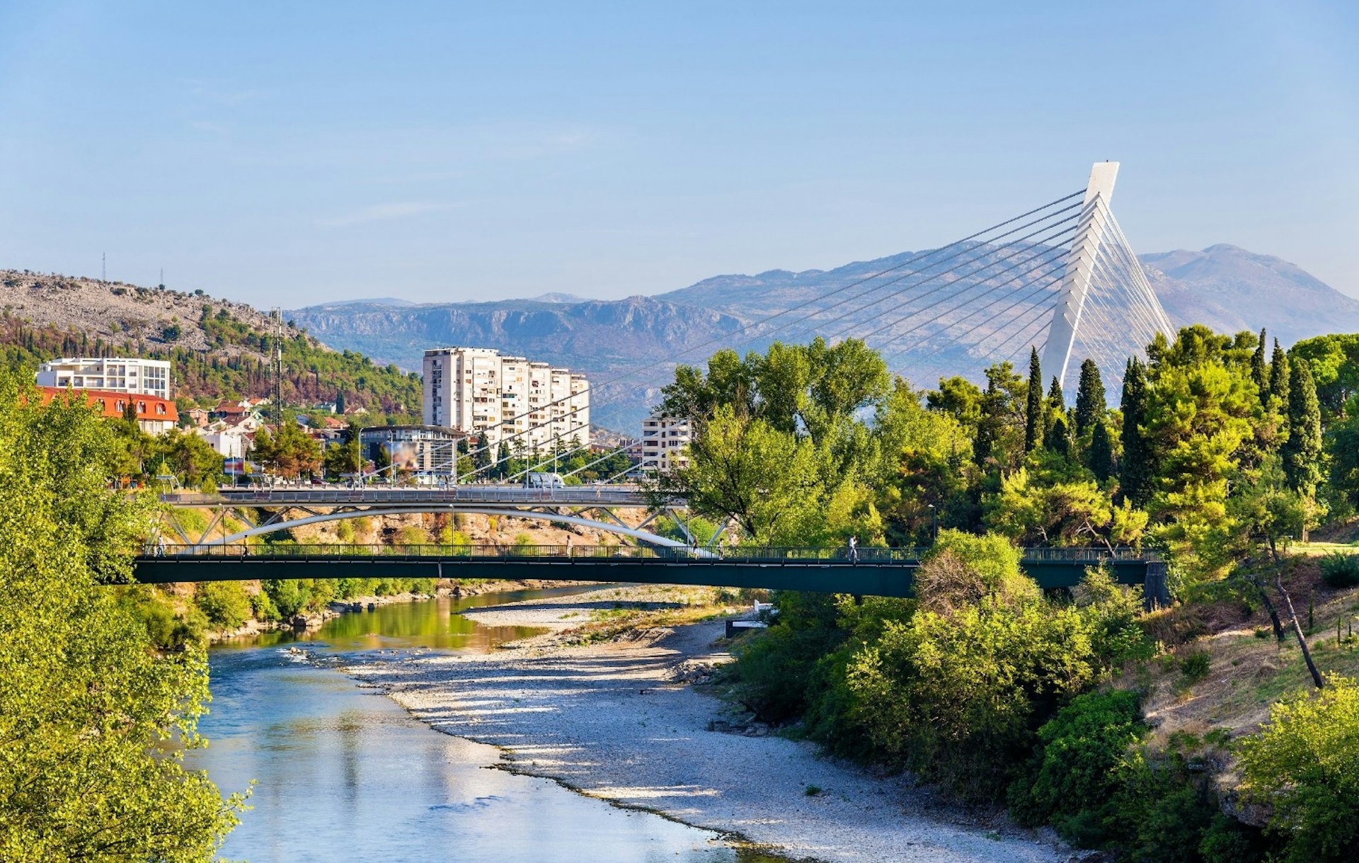 View of Podgorica with the Moraca river in Montenegro