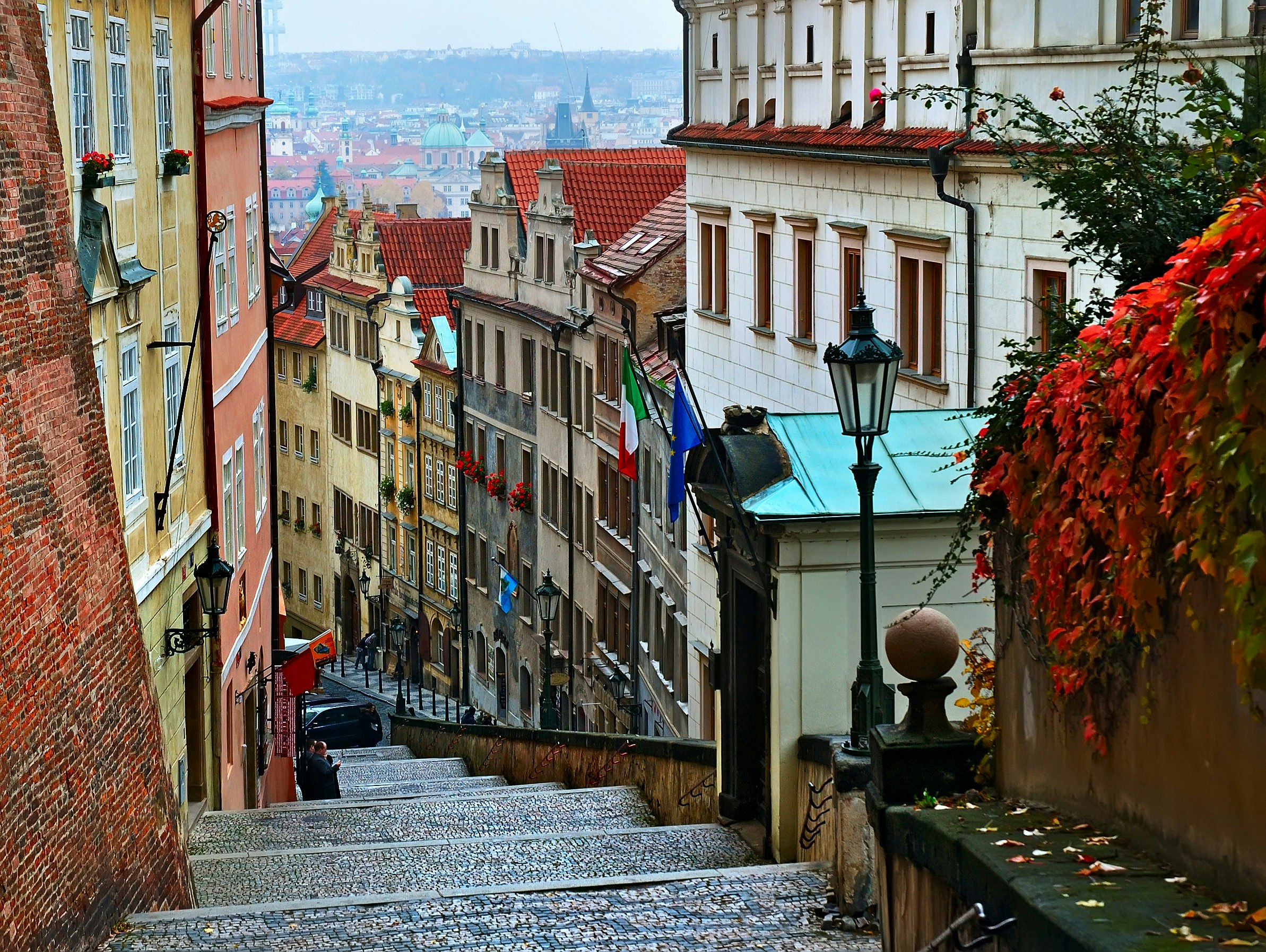 A steep stairway in the streets of the old town in Prague.