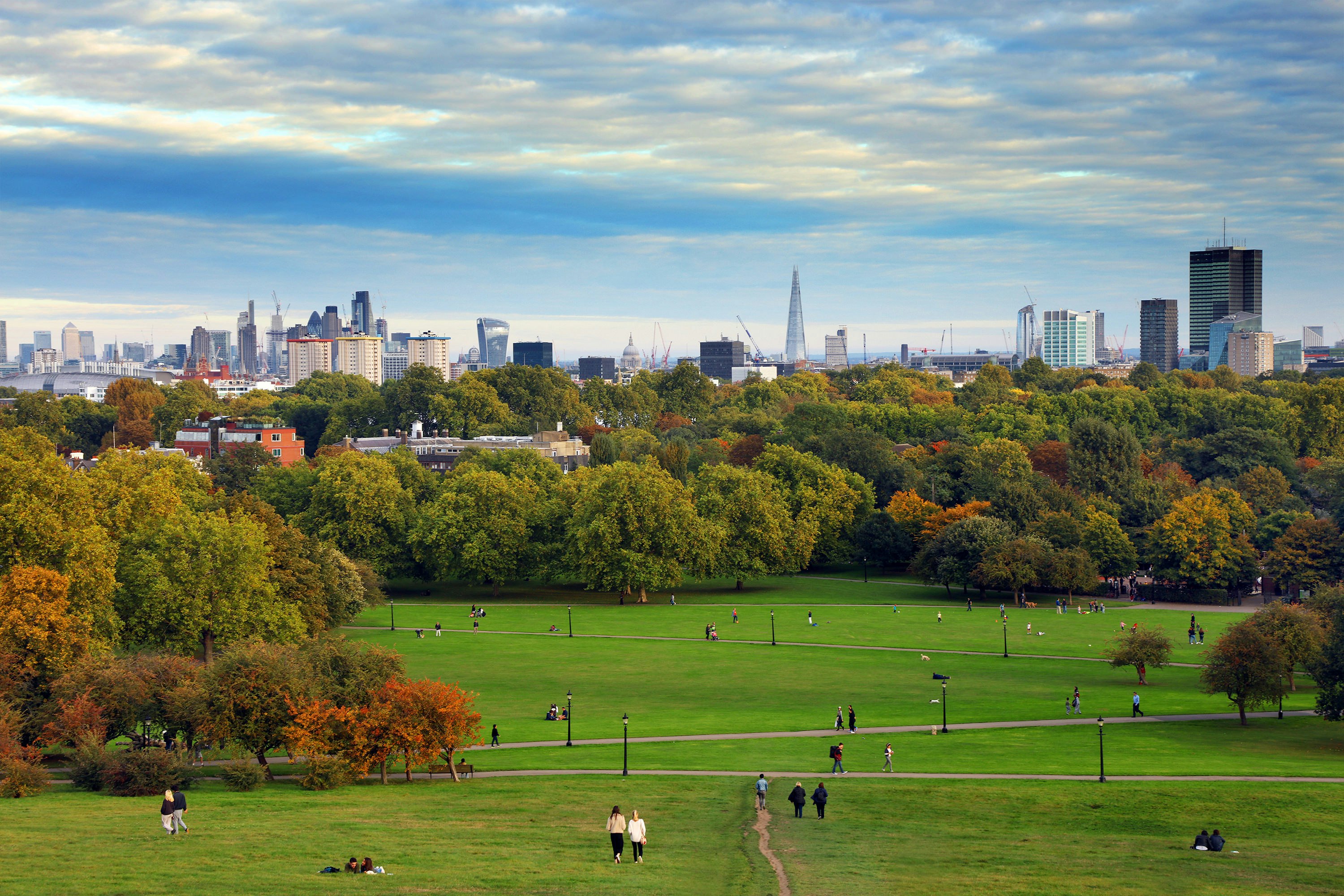 People walking on a green hillside, with trees and the London skyline in the background