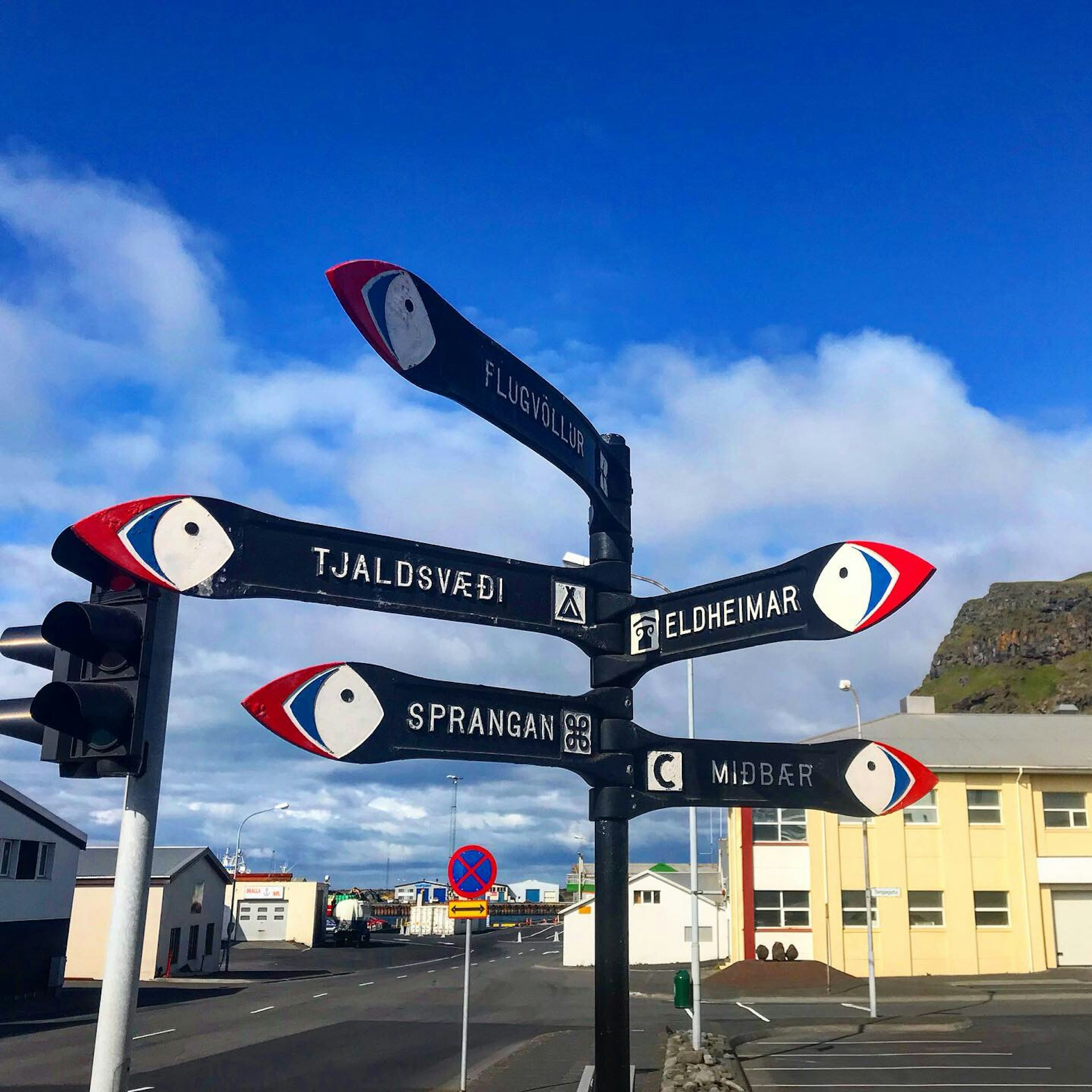Street signs in the Westman Islands are long black boards with white text that end in white, blue, and red painted puffin beaks
