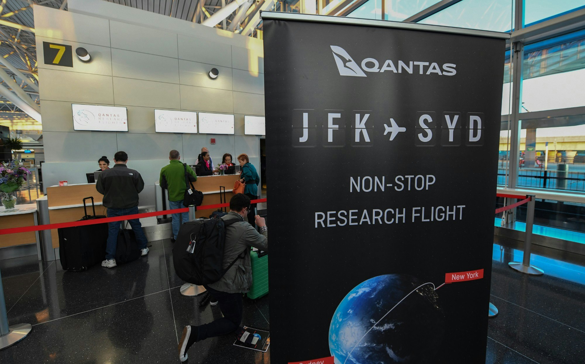 The check-in desk for the Qantas non-stop flight from New York to Sydney