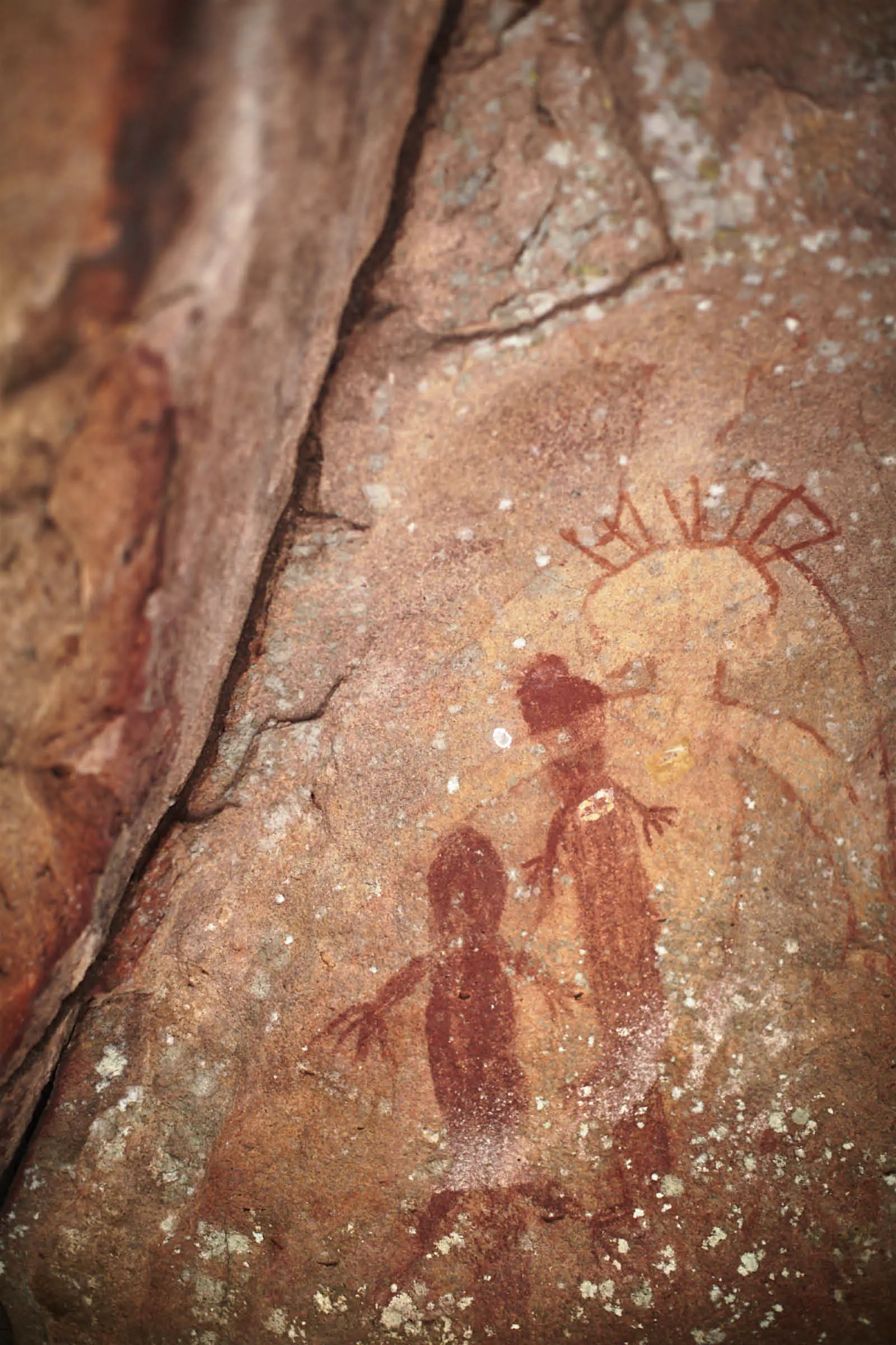 Indigenous rock art near Cooktown Queensland Australia Human and animal figures in red pigment on a rock painting