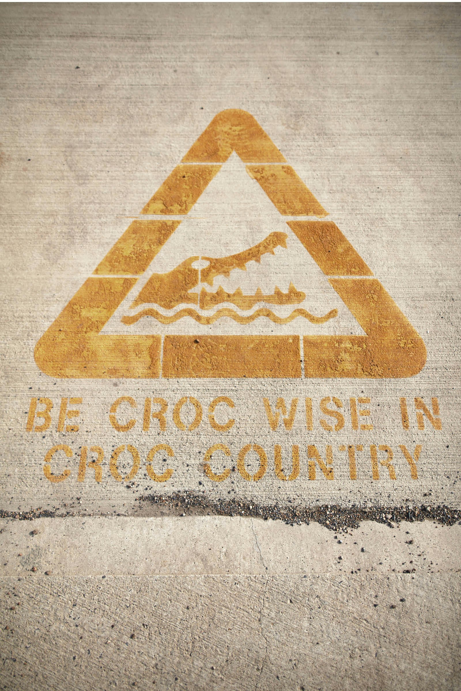 A crocodile warning sign stencilled on a pavement
