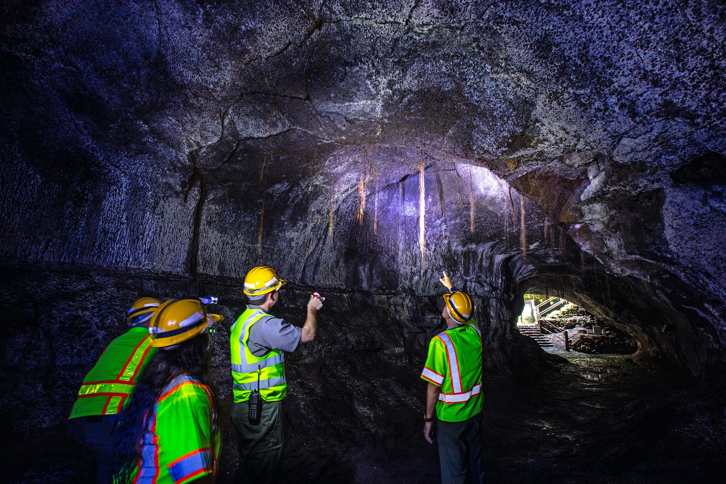 Rangers examine ohia tree roots, with the cave roof illuminated