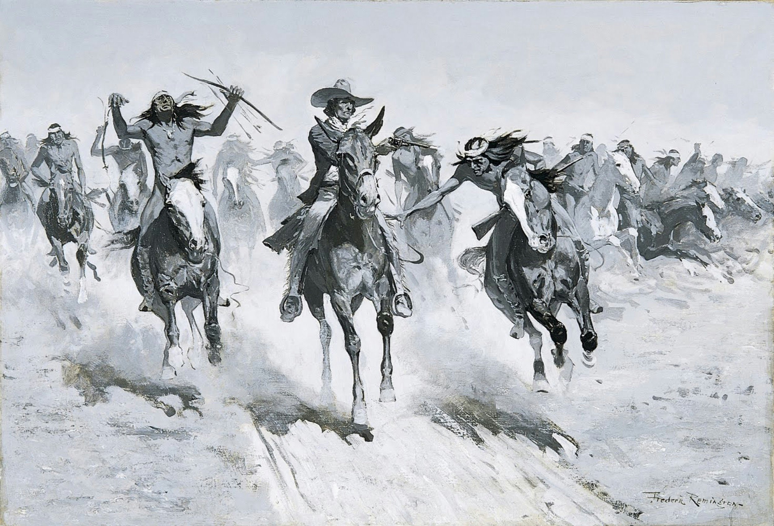 A black and white oil painting shows a Native American in the gruesome act of being shot while a band chases after a cowboy; Where to see Remington in America
