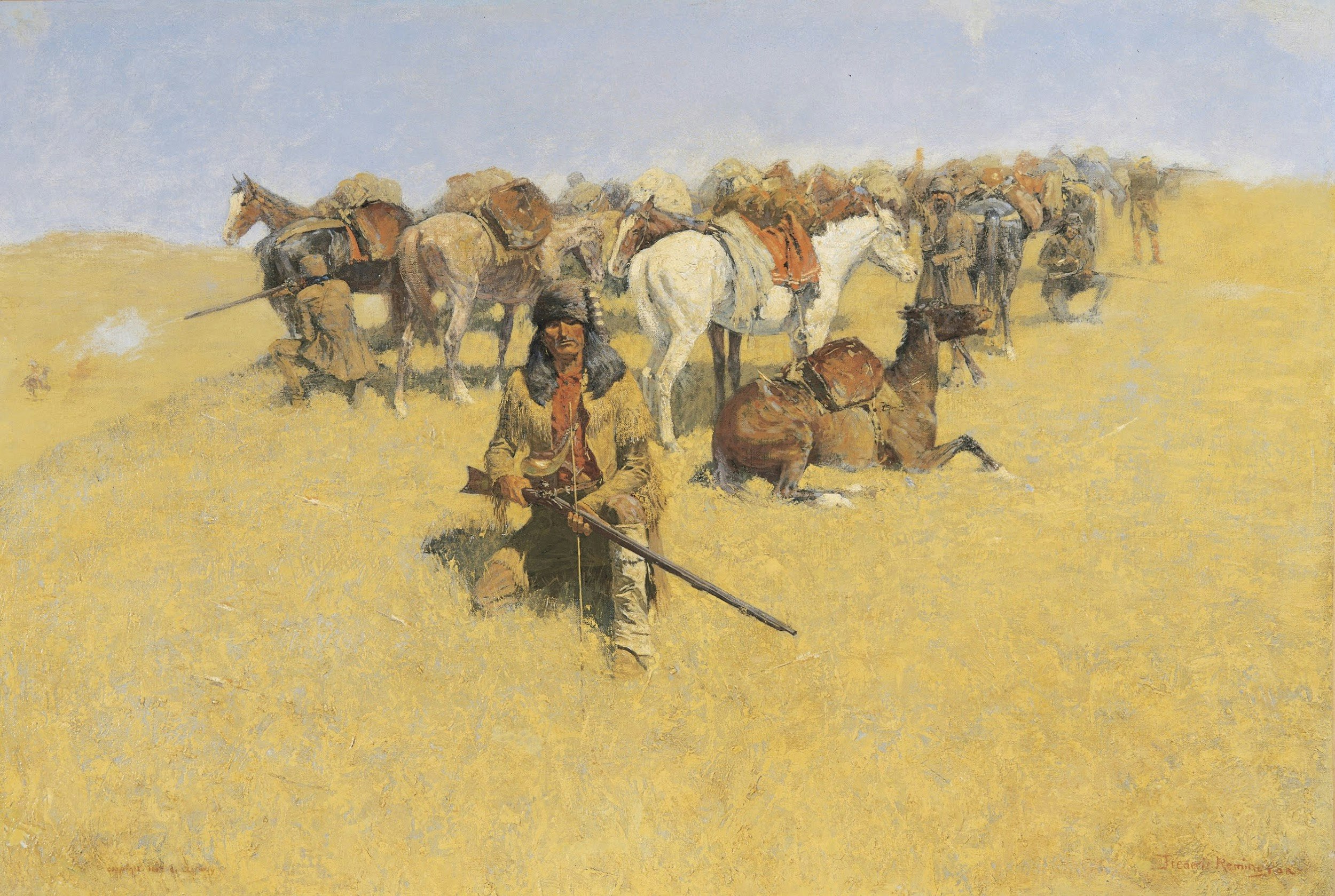 ‘An Old-Time Plains Fight,’ depicts a small band of plains fighters who look like they're surrounded in a yellow field; Where to see Remington in America