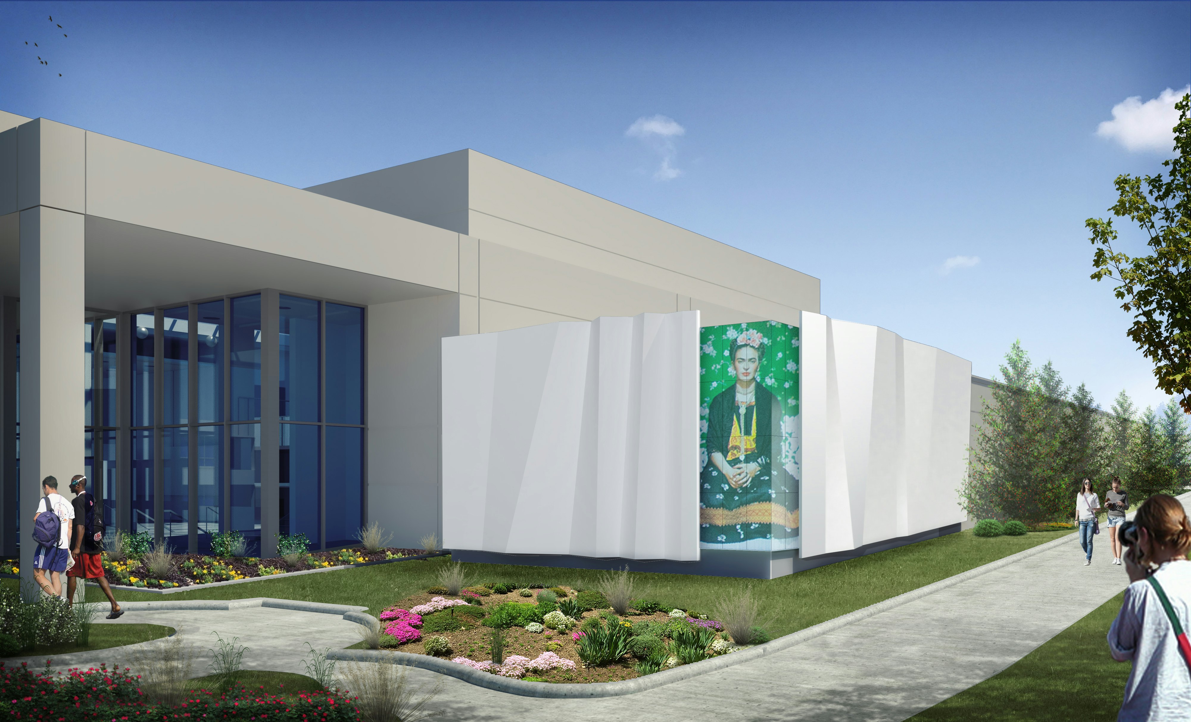 Rendering of Cleve Carney Museum of Art with a giant poster of Frida Kahlo on the side of the building