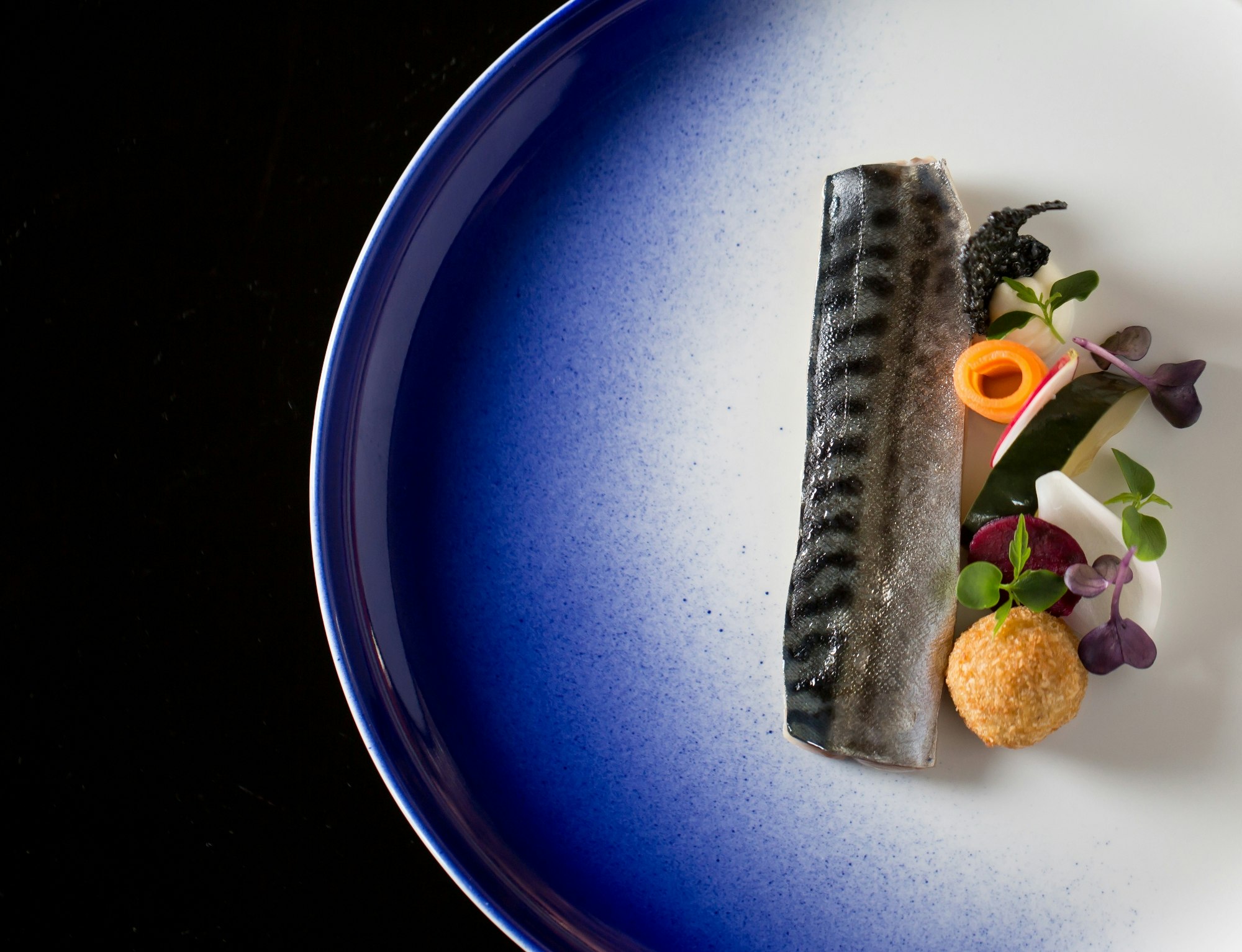 A fillet of mackerel and colorful, seasonal vegetables are arranged artistically on a blue plate at Restaurant 360 in Dubrovnik, Croatia