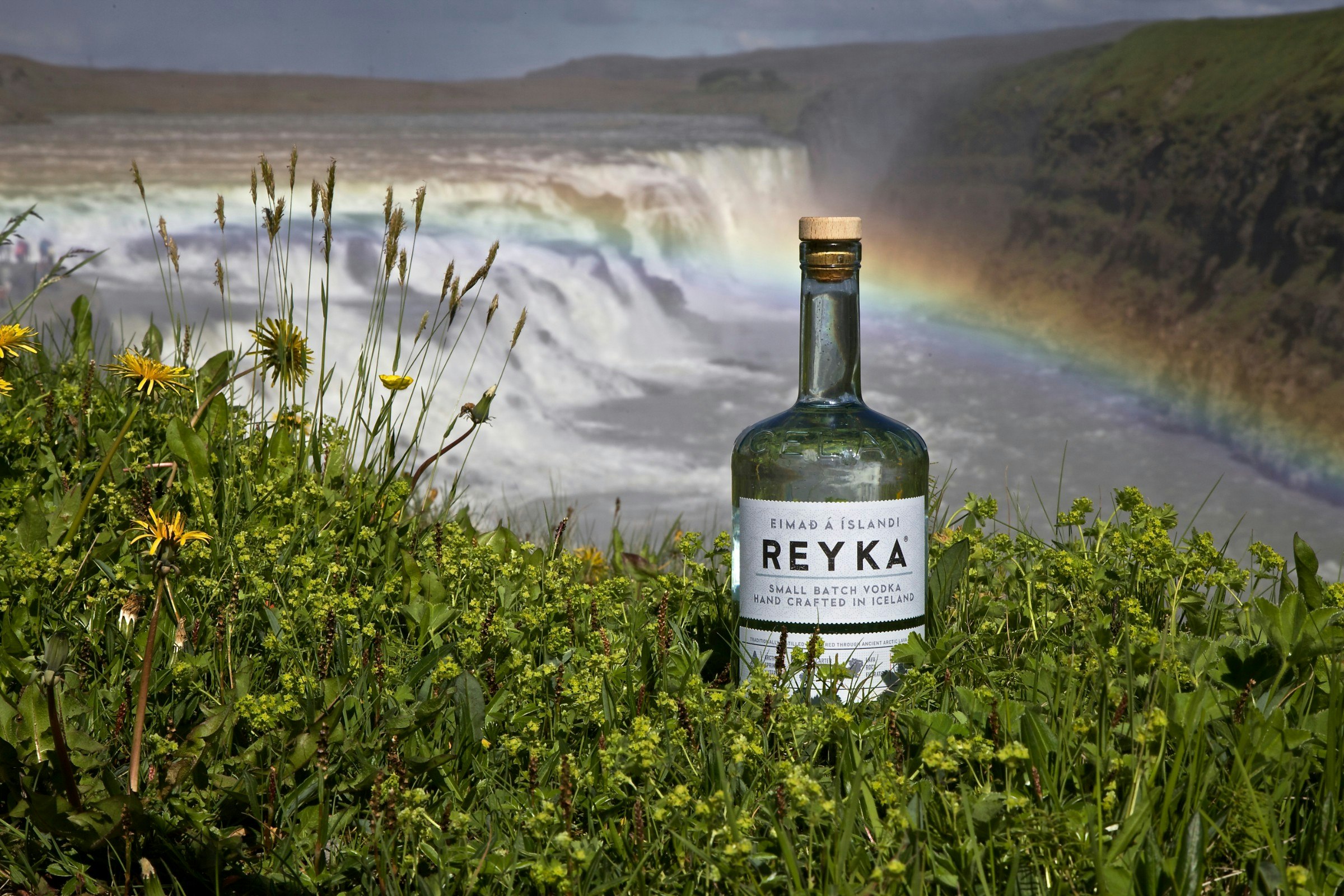 A Reyka Vodka bottle in front of a waterfall in Iceland