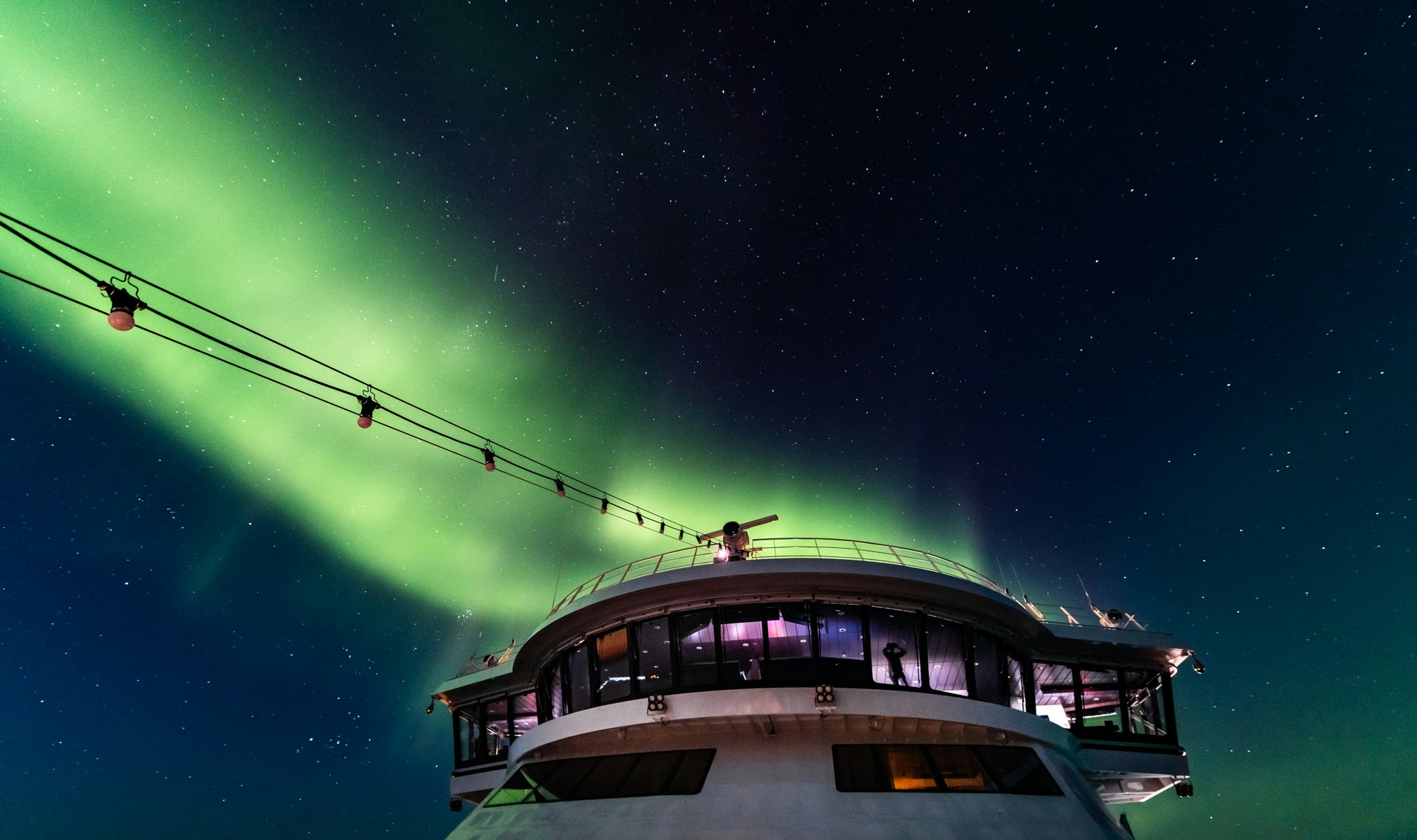The observation deck on the Roald Amundsen ship on the sea