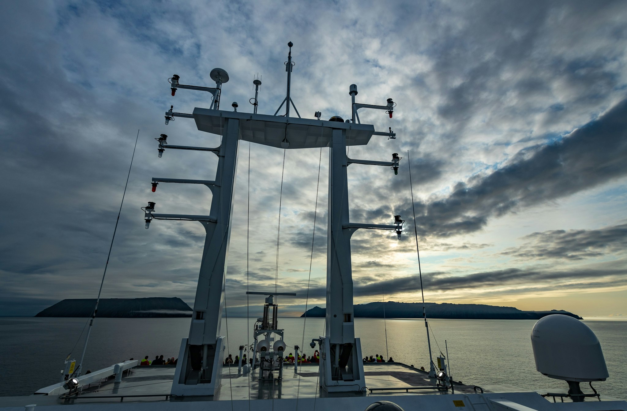 The sails on the deck of the ship Roald Amundsen while on a voyage