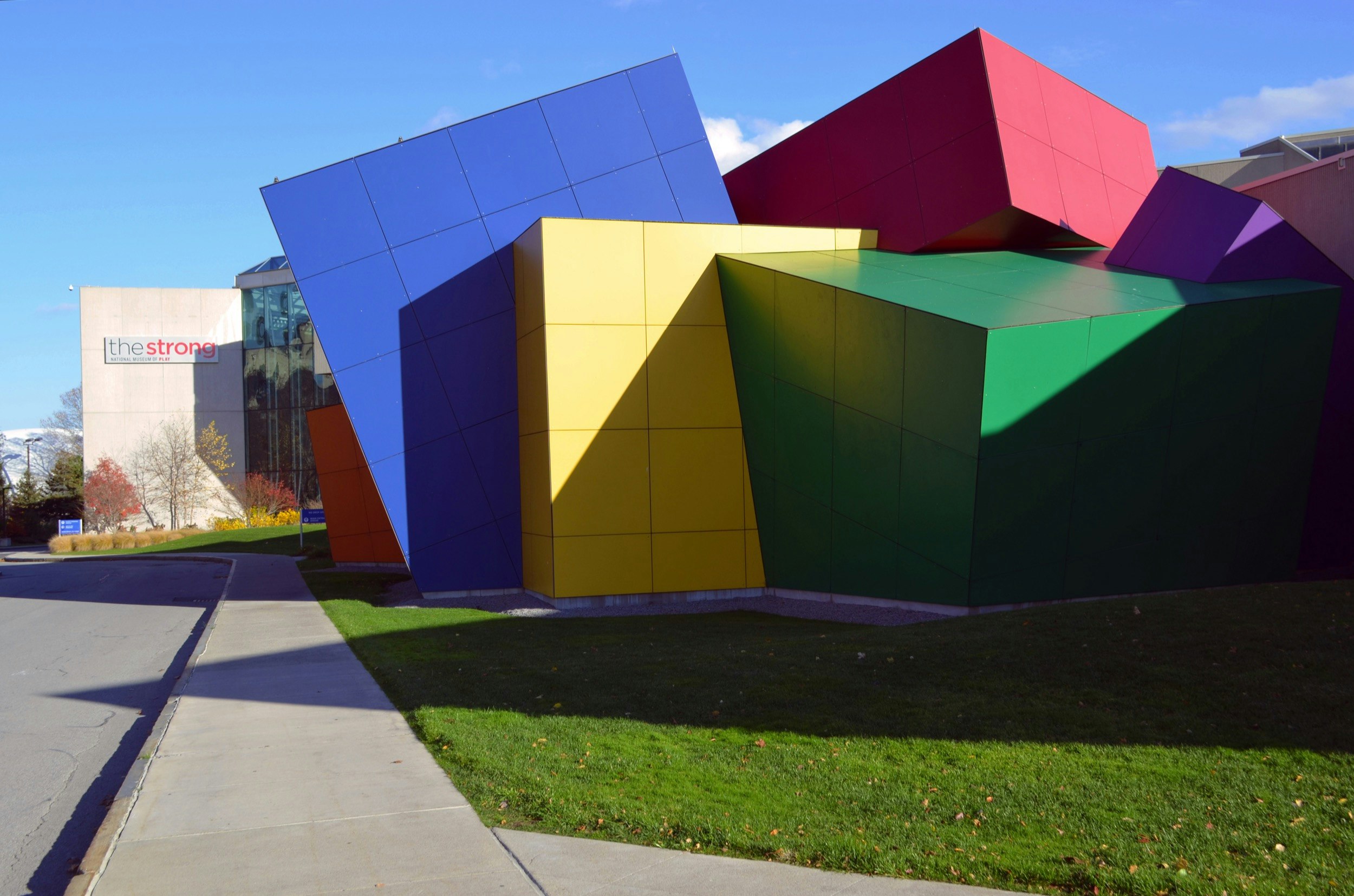 A museum dedicated to play has architecture modeled to look like huge, colorful blocks in Rochester, New York