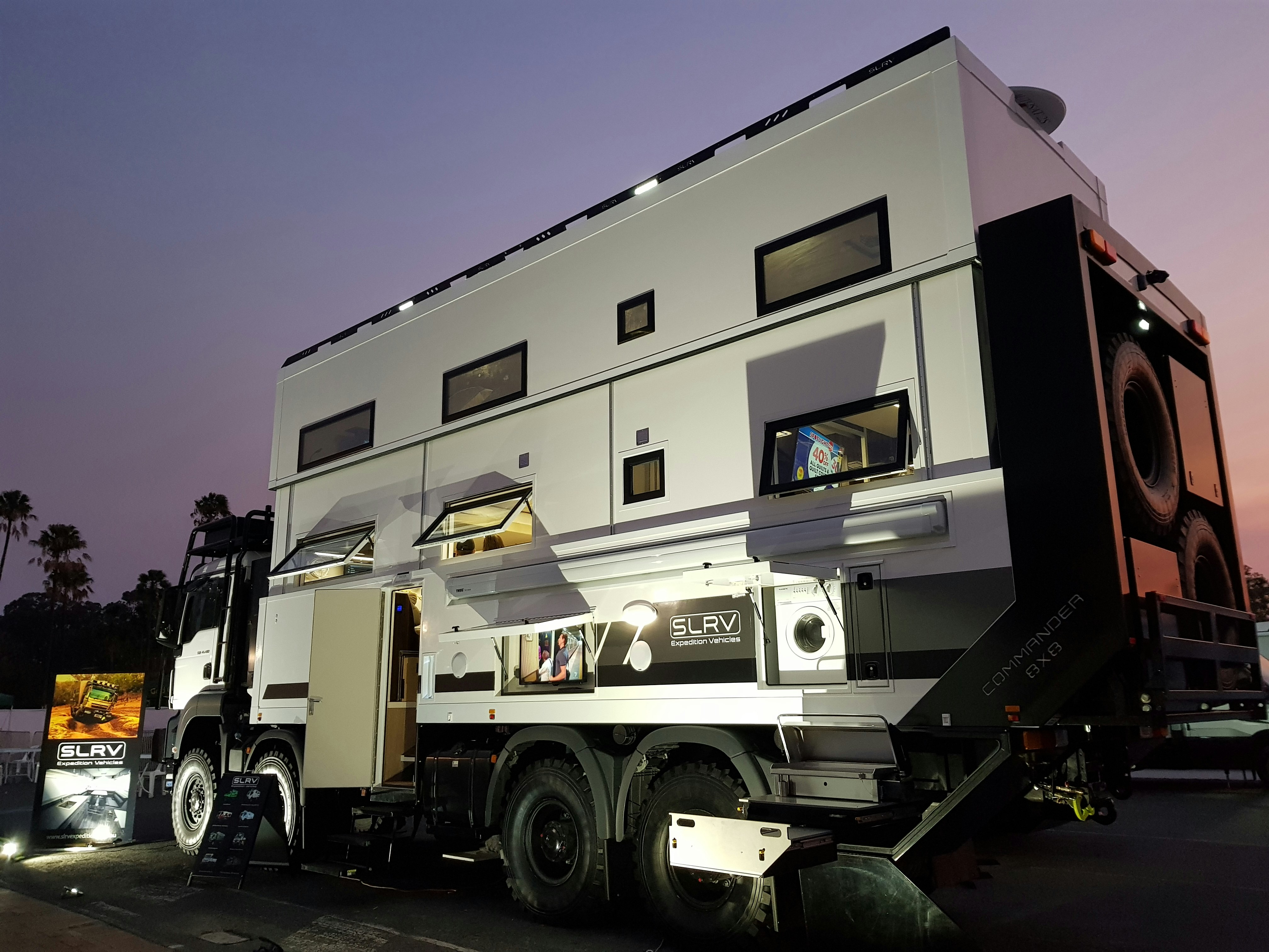 The exterior of a two-storey, eight-wheel drive expedition vehicle