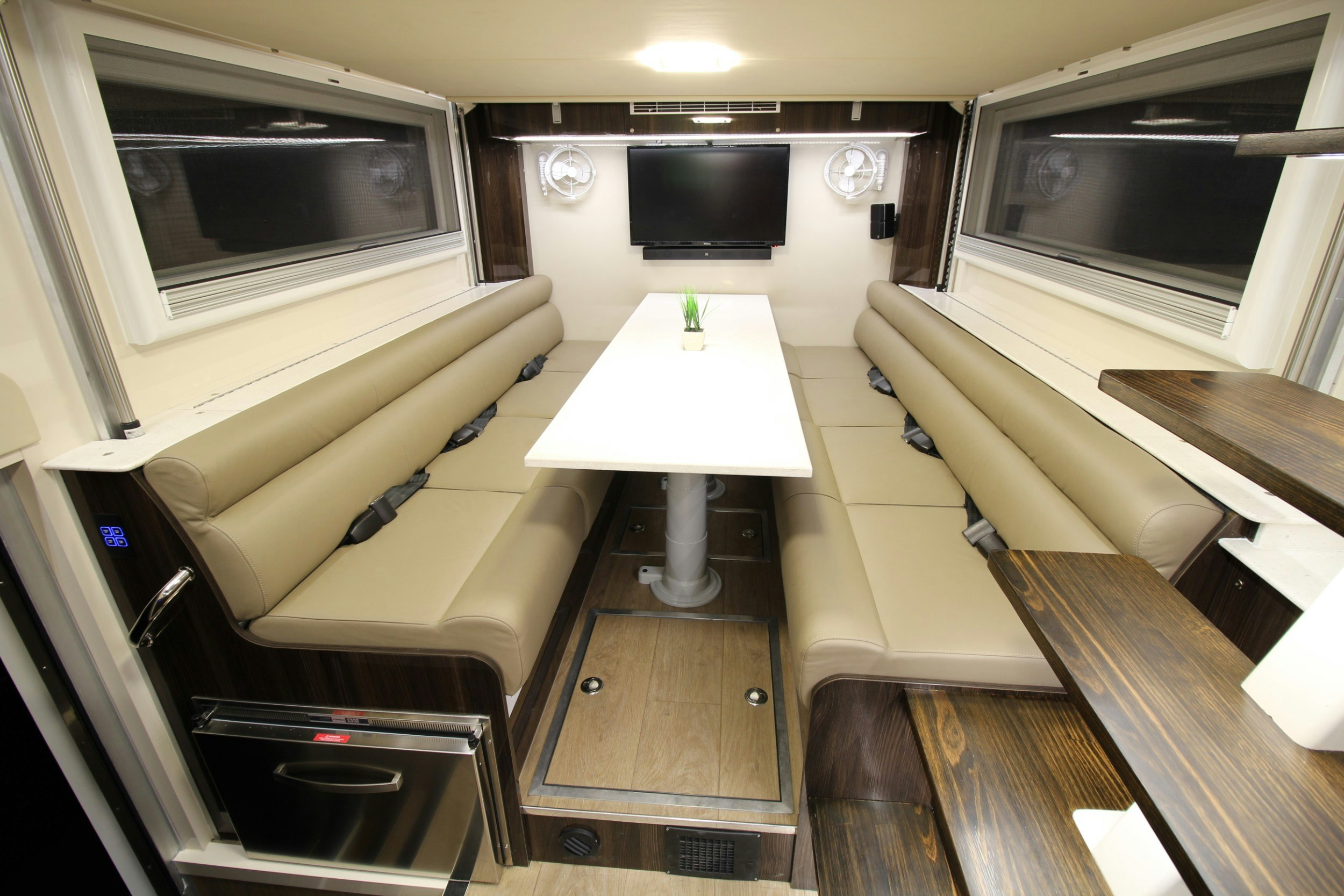 The lounge area of the SLRV Commander 8x8 expedition vehicle