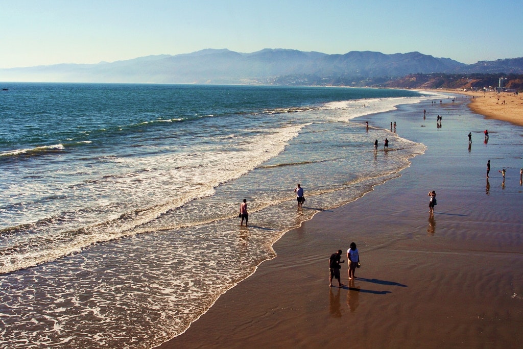 A view of the Santa Monica Mountains from Santa Monica Beach, in the Santa Monica National Recreation Area