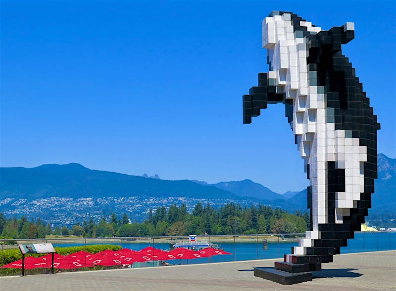 A large sculpture in Vancouver looks like an 8-bit, or Lego, representation of an orca leaping out of the water