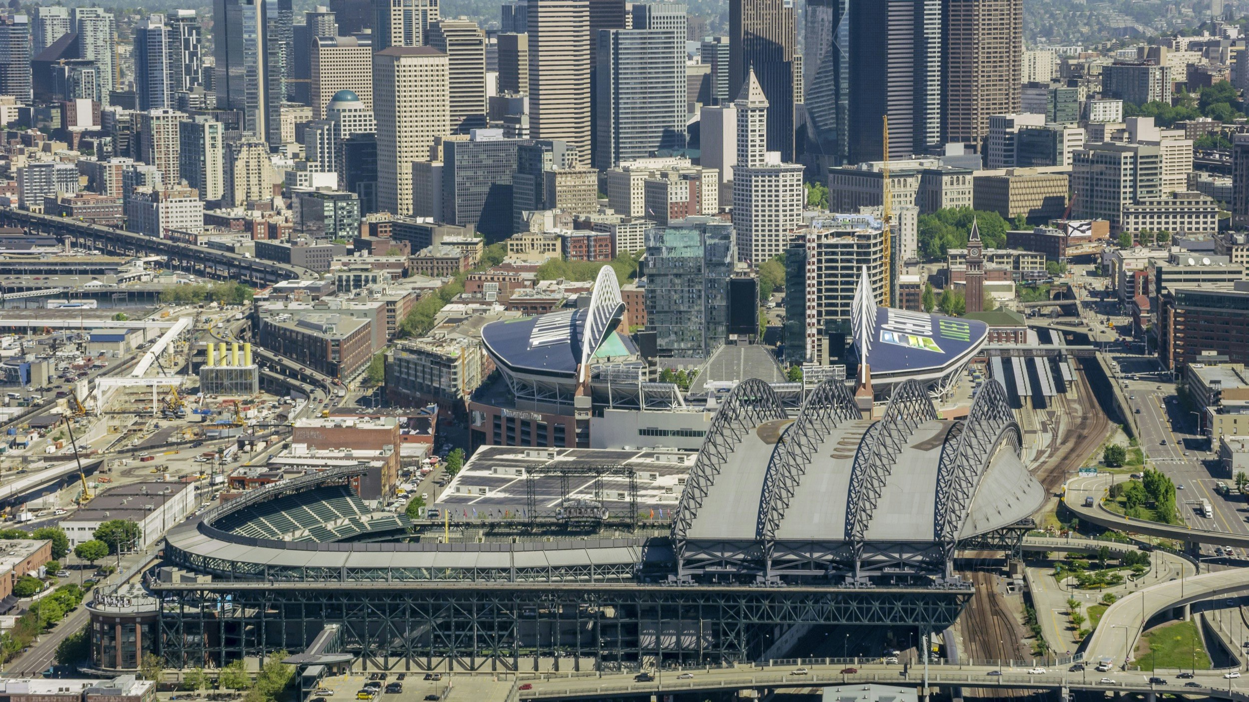 CenturyLink Field and T-Mobile Park are seen in the waterfront area of Seattle; Waterfront activities