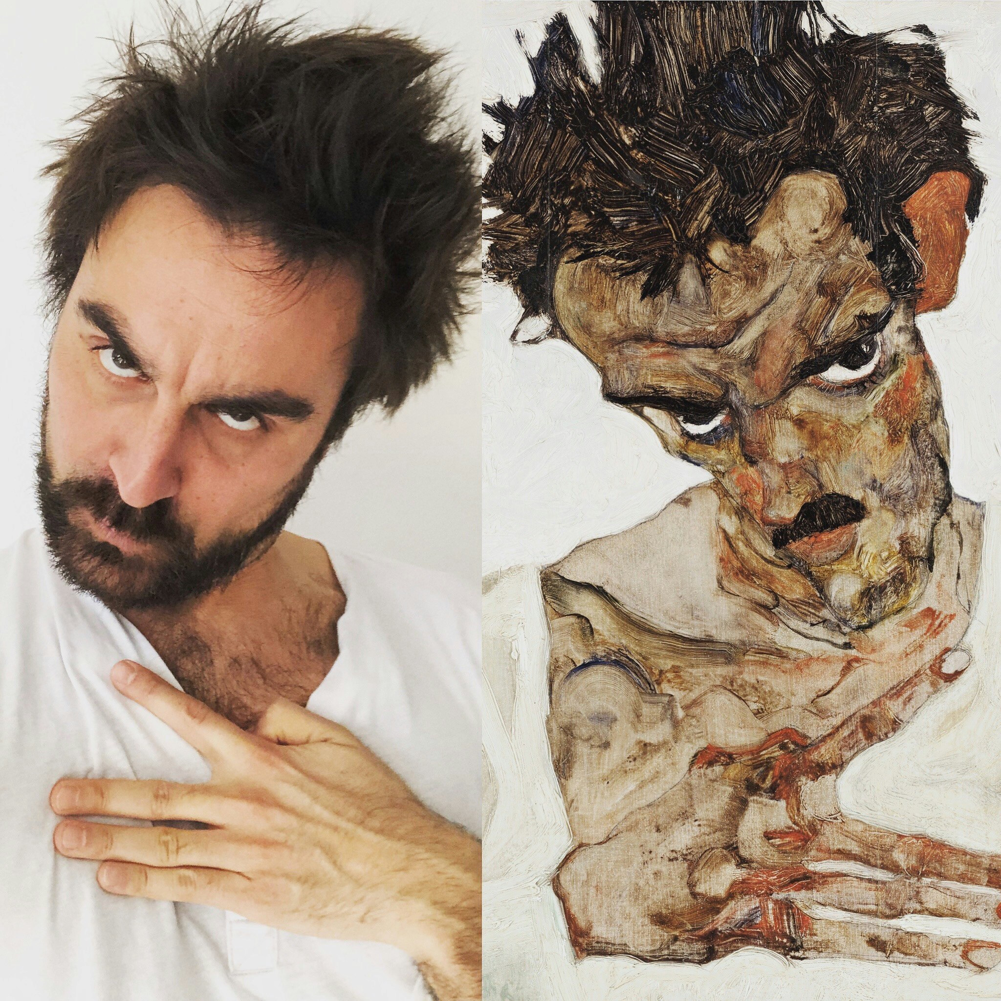 Federico Manfredi participates in the #betweenartandquarantine challenge, posing as Egon Schiele in his "Self-Portrait with Lowered Head"