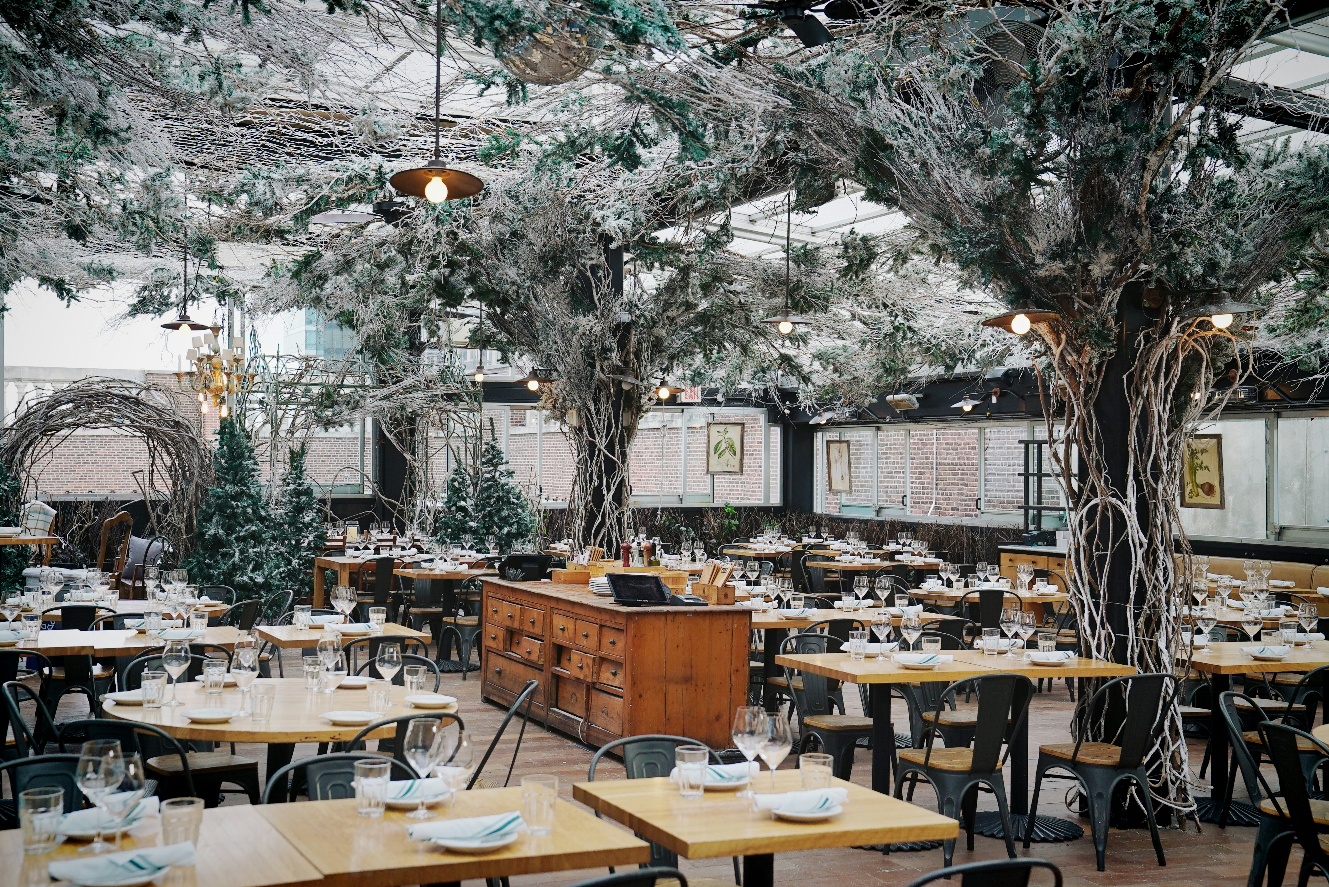 Matsalen Serra Alpina med vintertema på Eataly;  träd och berså har spraymålats vita, och det finns dekorativa ljusslingor.