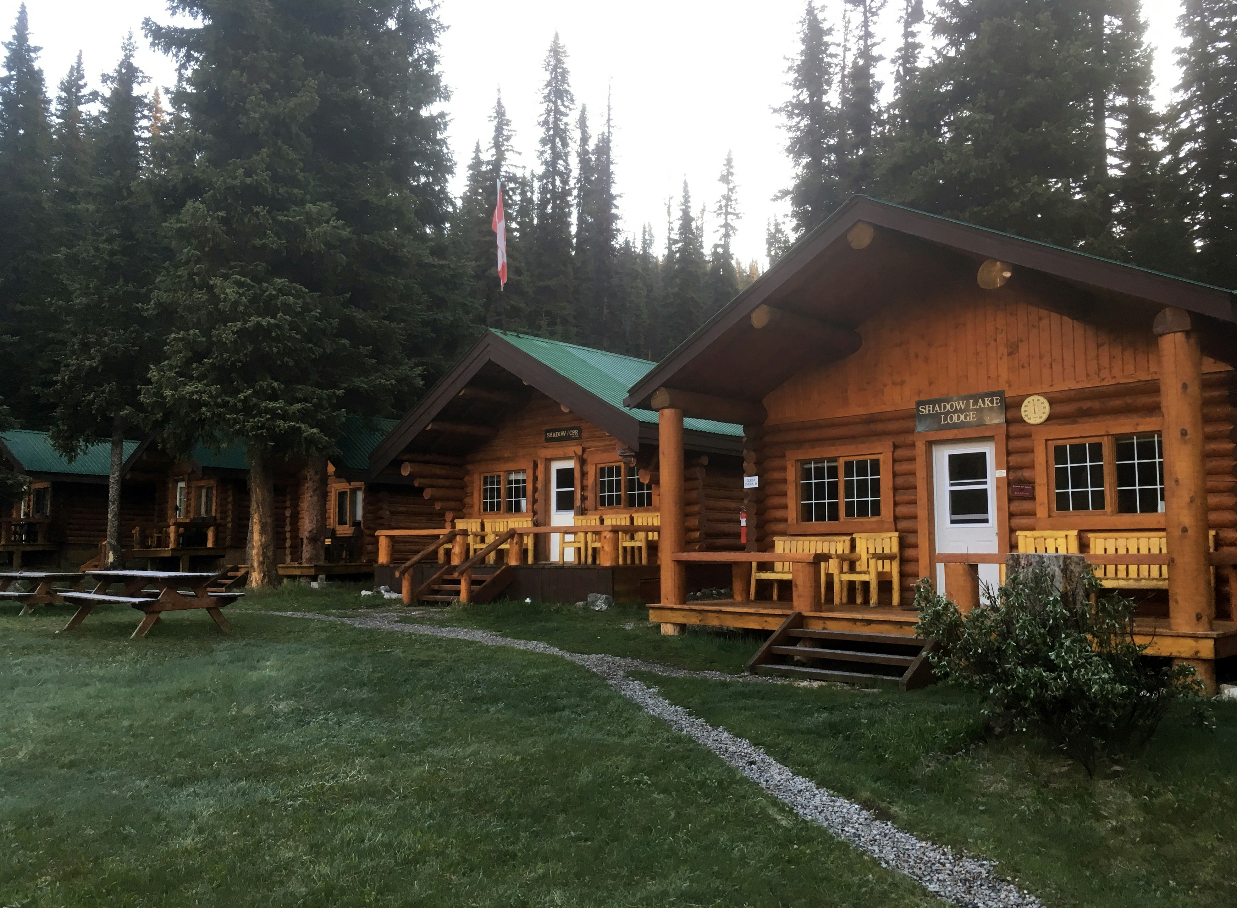 A line of log-cabin lodges are seen in the national park. The lodges have porches and look very clean; Banff and Jasper's backcountry lodges