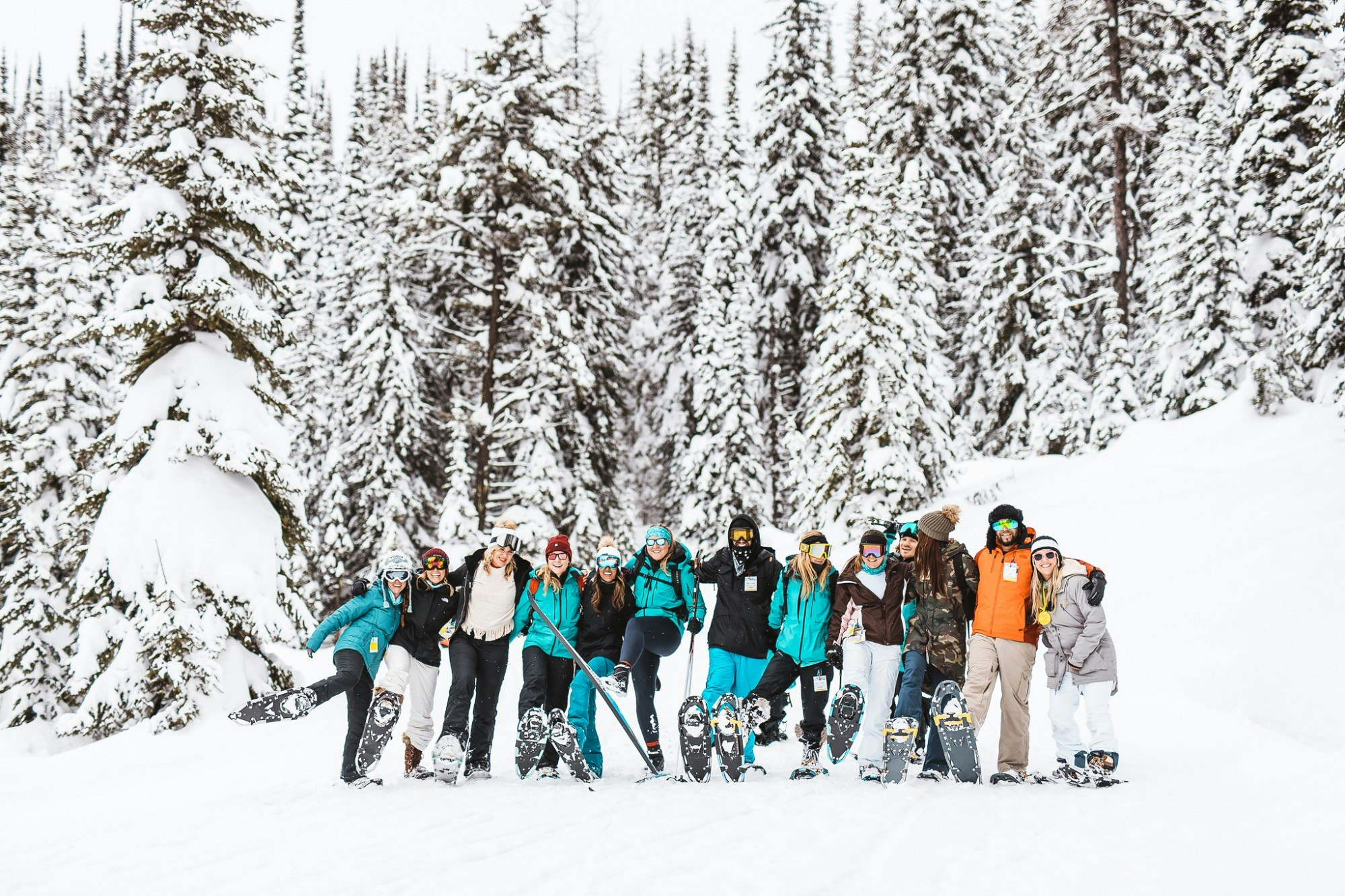 A large group of skiers standing in front of tall snow-covered trees