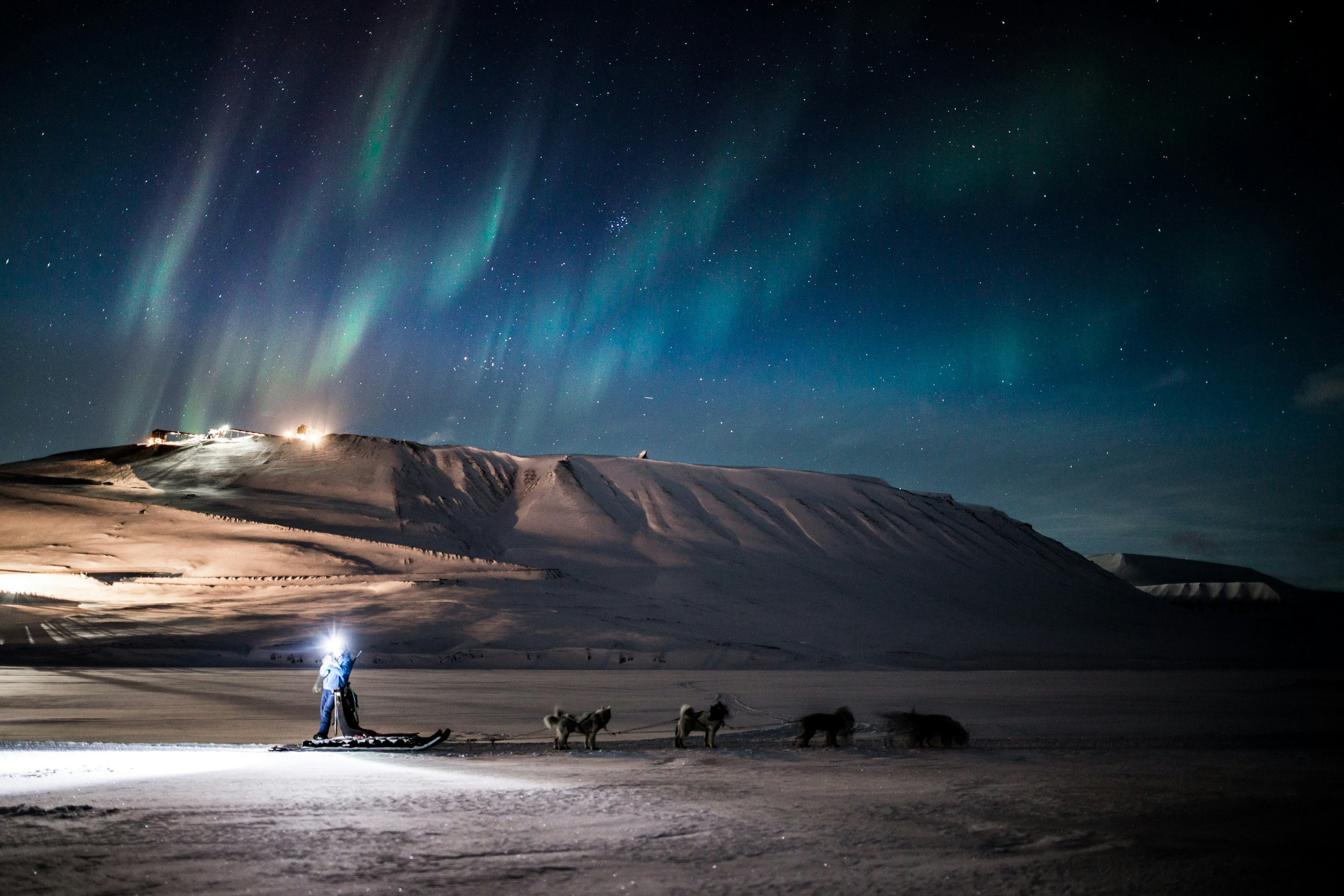 People dogsledding with the Northern Lights in the background