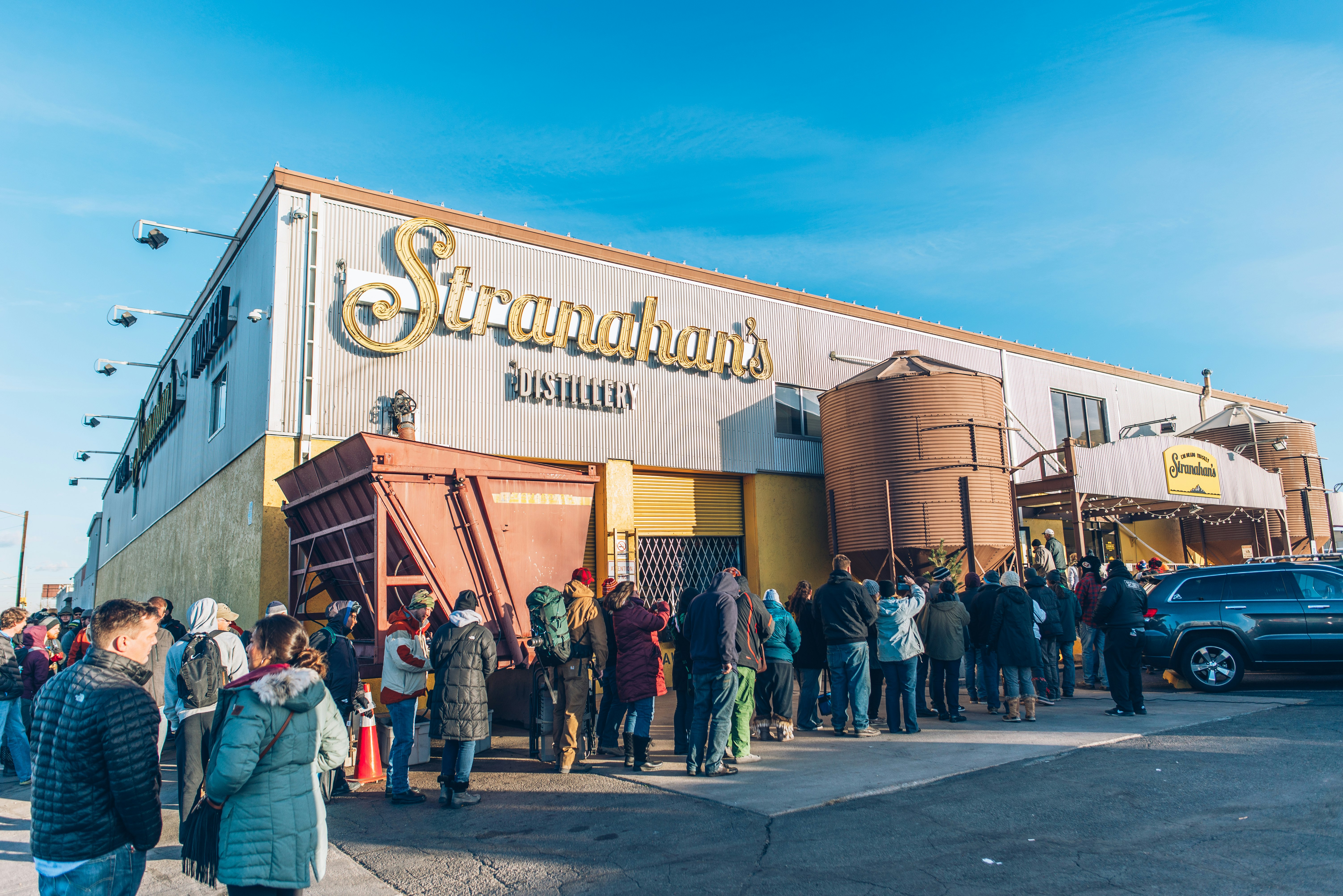A long line of people wraps around Stranahan's distillery in Denver 