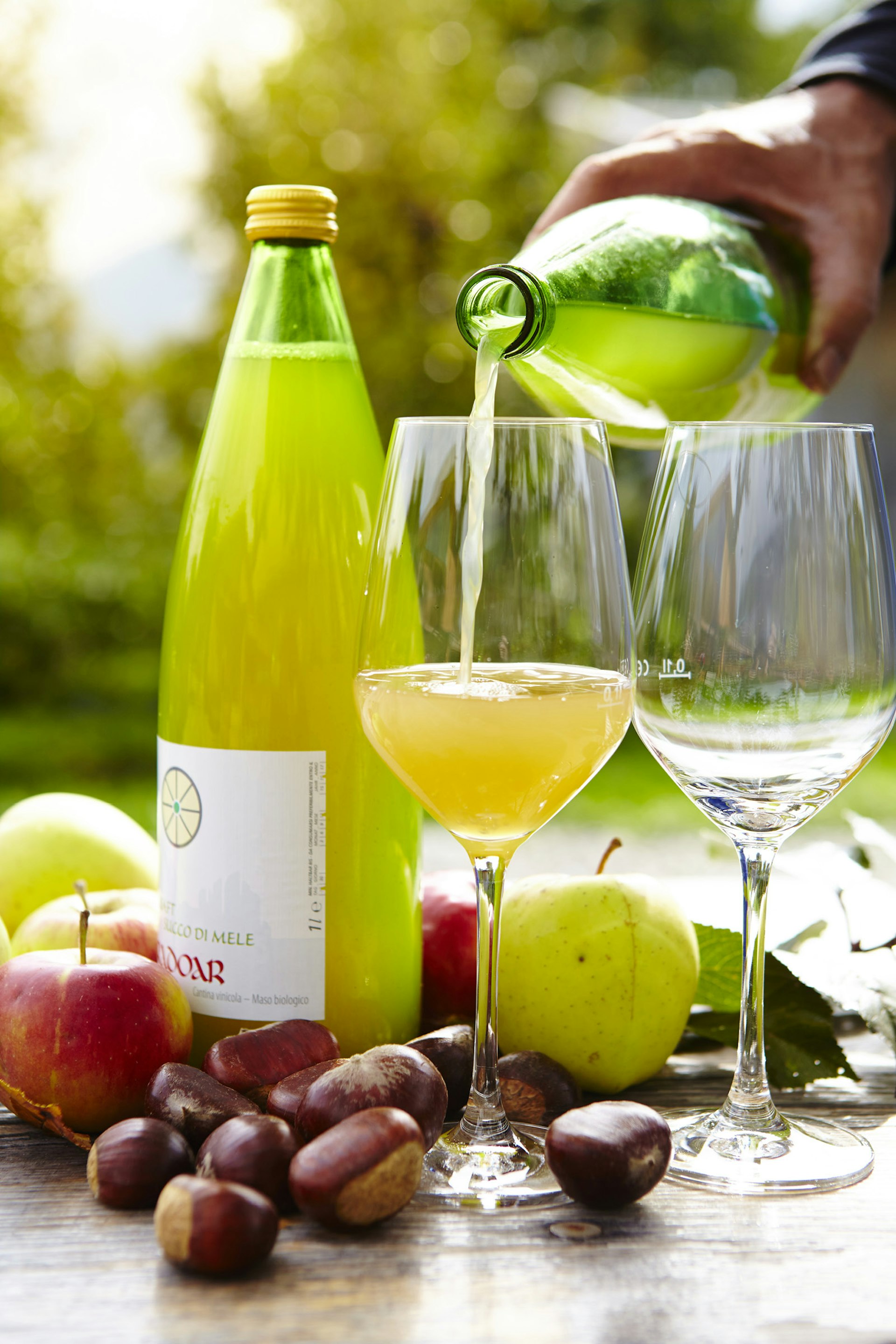 Pouring apple juice at an outdoor table strewn with chestnuts and apples