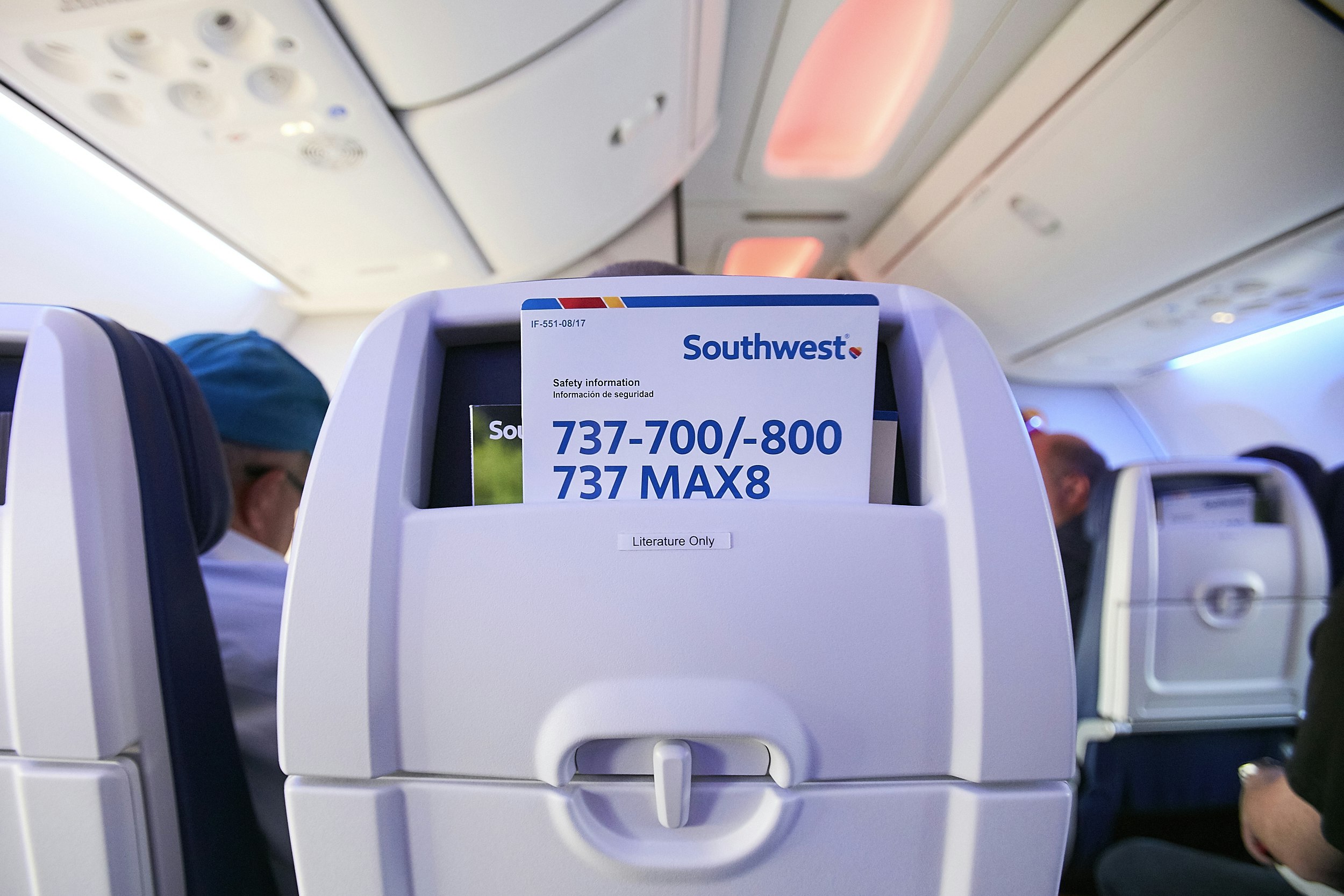 The seatback pocket of Southwest's Boeing 737 Max 