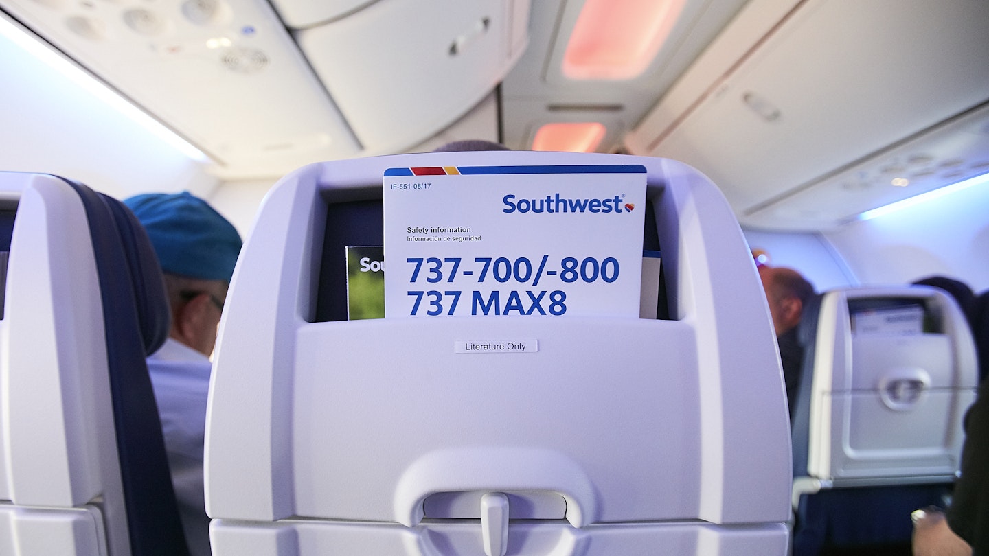 The seatback pocket of Southwest's Boeing 737 Max