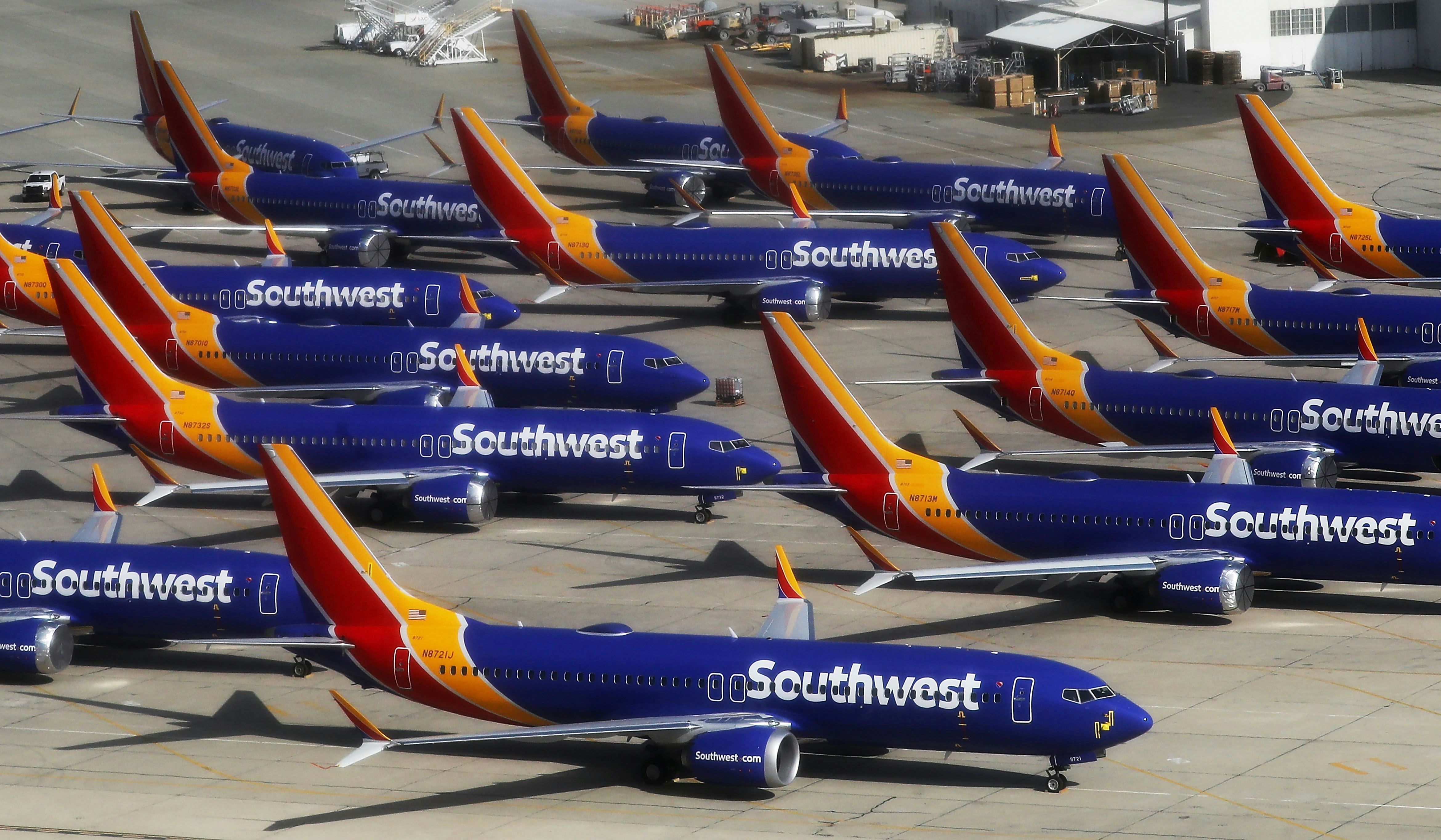 Southwest Airlines Boeing 737 MAX aircraft parked at Southern California Logistics Airport in Victorville, California. 